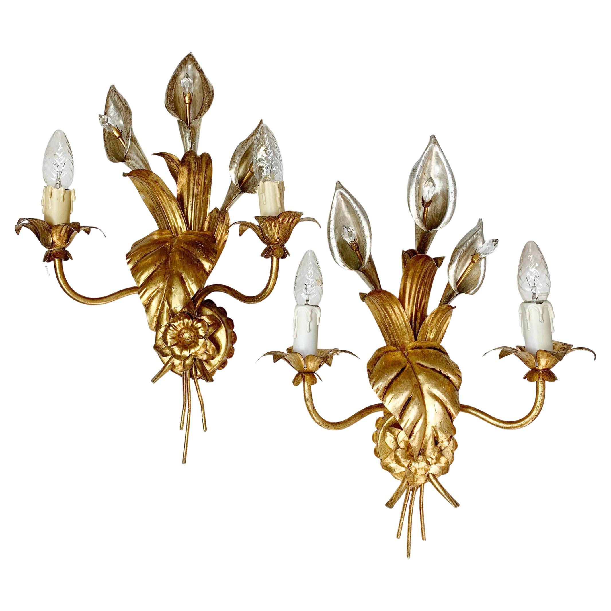 Hans Kögl Gold and Silver Calla Lily Wall Lights 1970’s in vendita