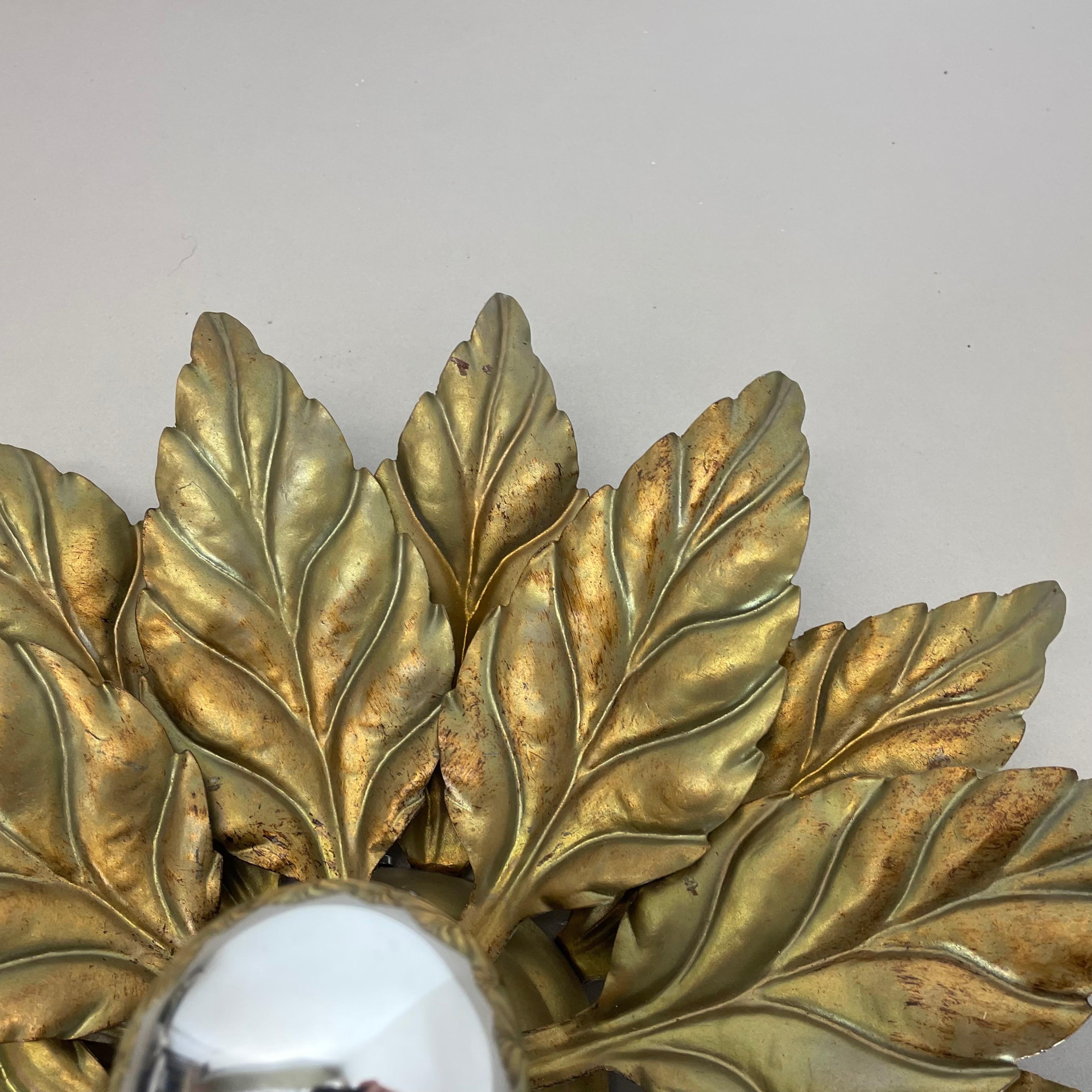 Hans Kogl Golden Florentiner Leaf Wall Ceiling Light Sconces, Italy, 1970s No 2 For Sale 4