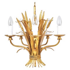 Hans Kögl Hollywood Regency Wheat Floral Bouquet Gilt Iron Chandelier, 1970s