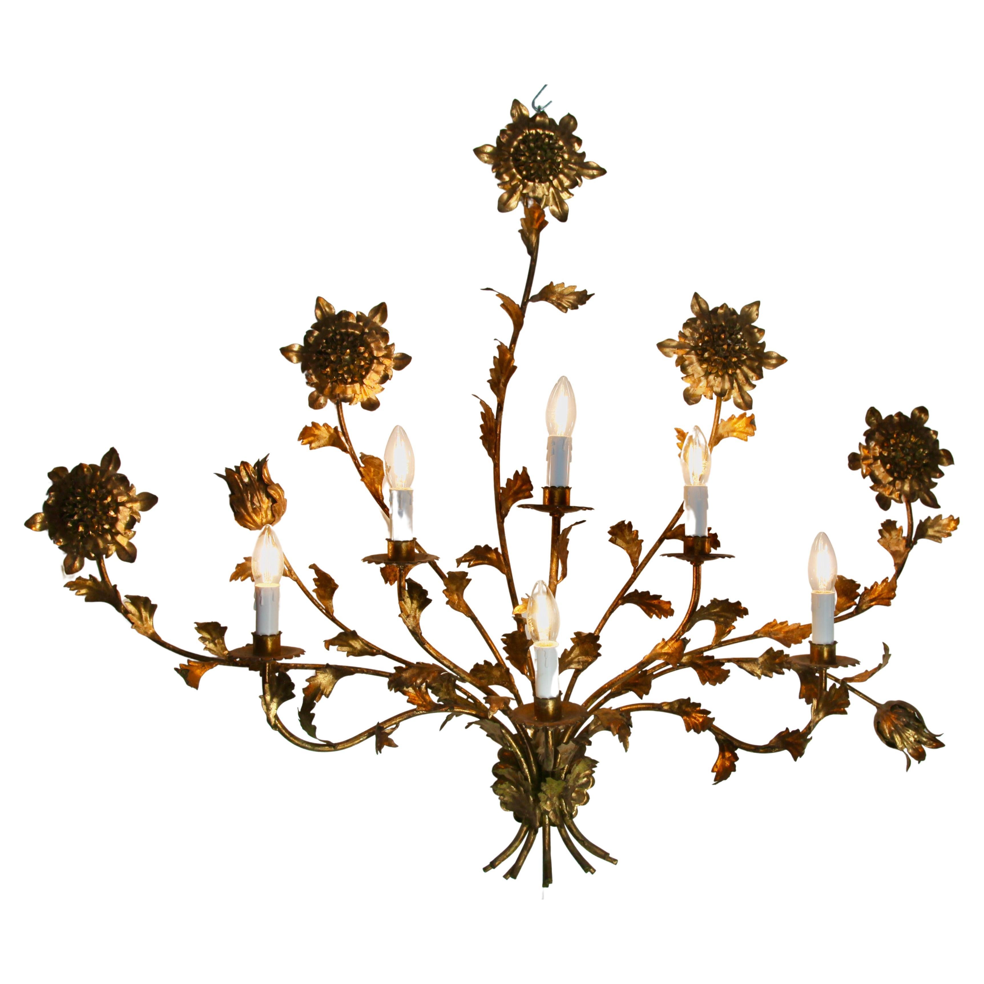 Mid-20th Century Hans Kögl Large Gilded Brass Flowers and Floral Leafs Wall Mound Lamp