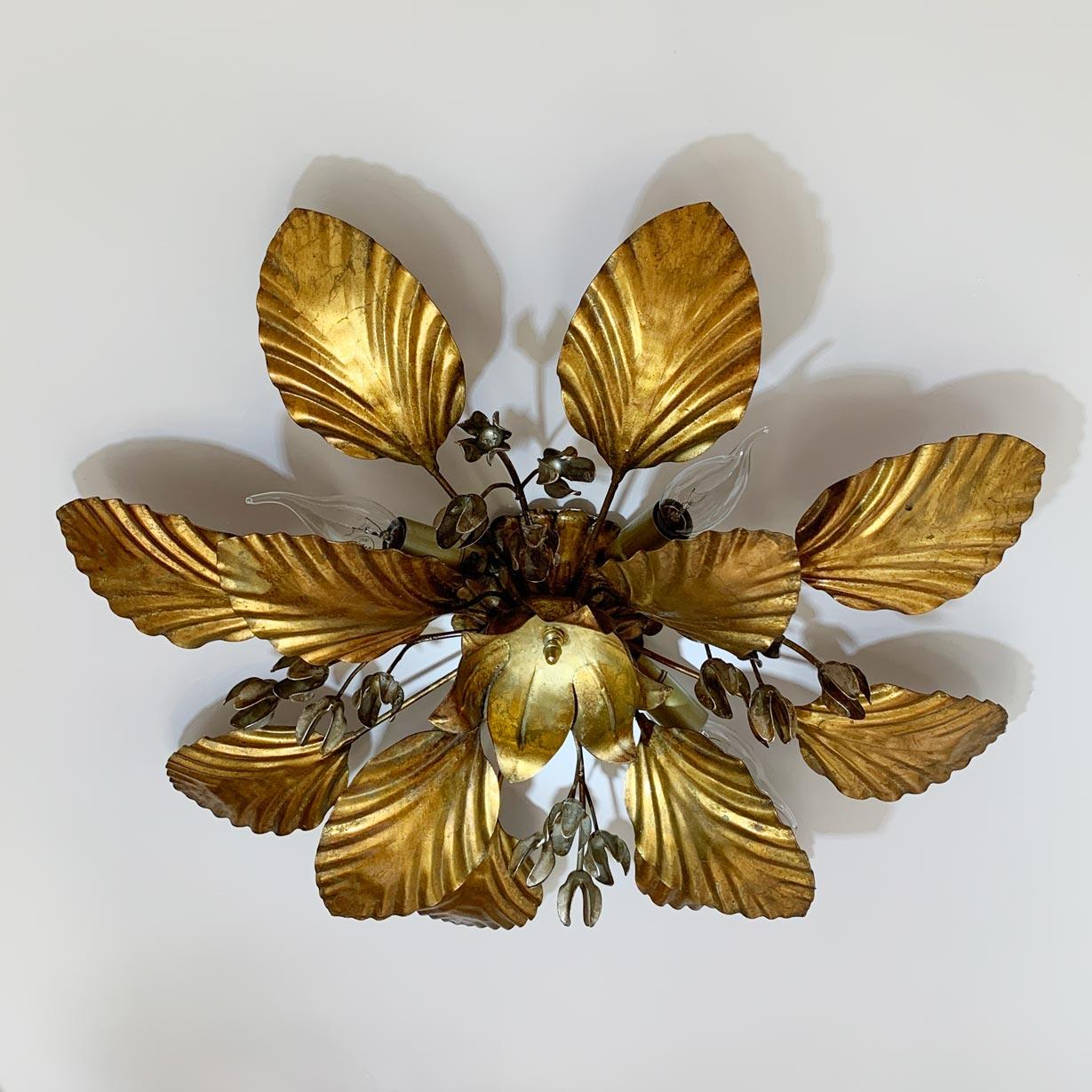 Hollywood Regency  Hans Kogl Gold Leaf and Silver Flowers Flush Light 1970's For Sale