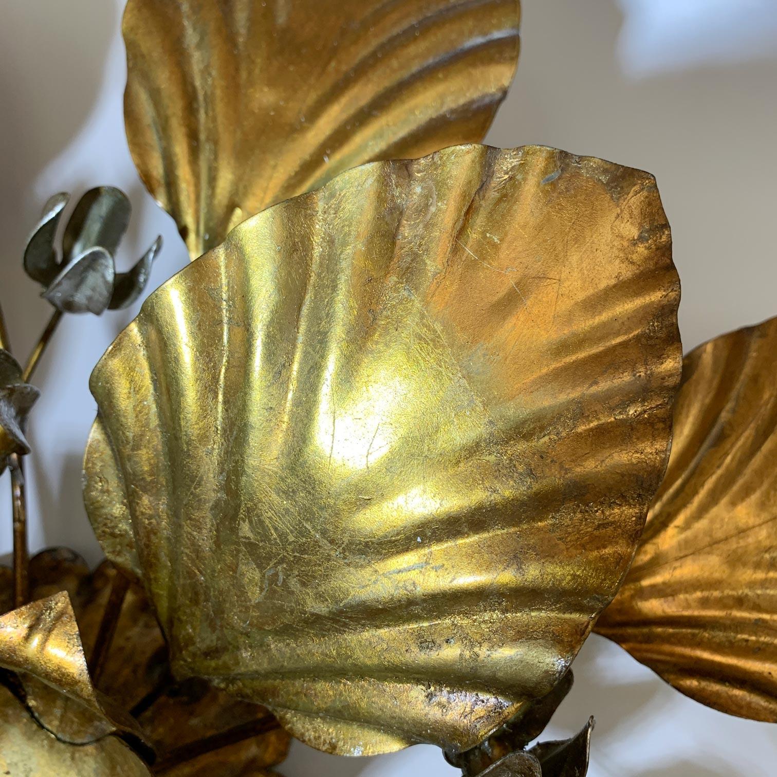 German  Hans Kogl Gold Leaf and Silver Flowers Flush Light 1970's For Sale