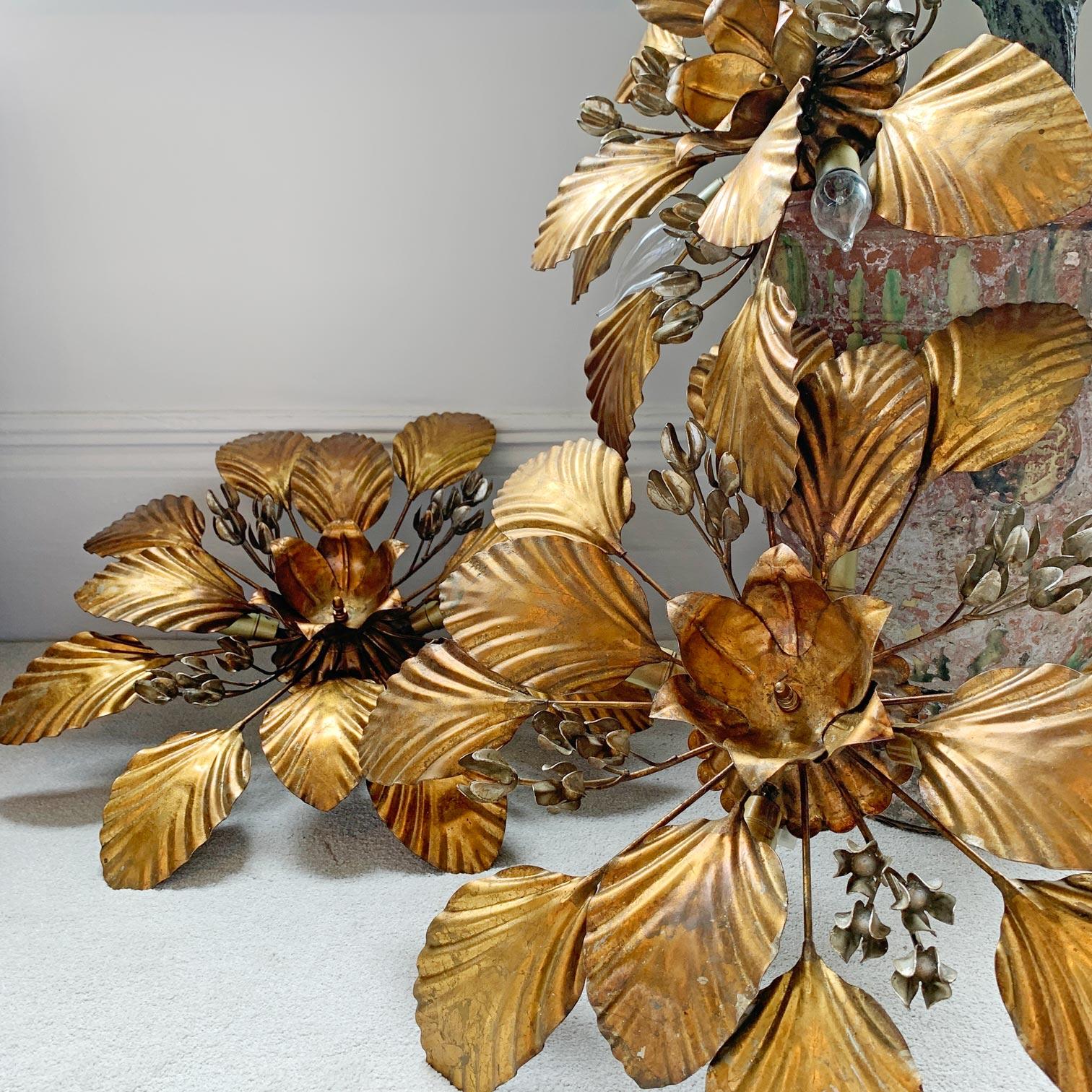 Gilt  Hans Kogl Gold Leaf and Silver Flowers Flush Light 1970's For Sale