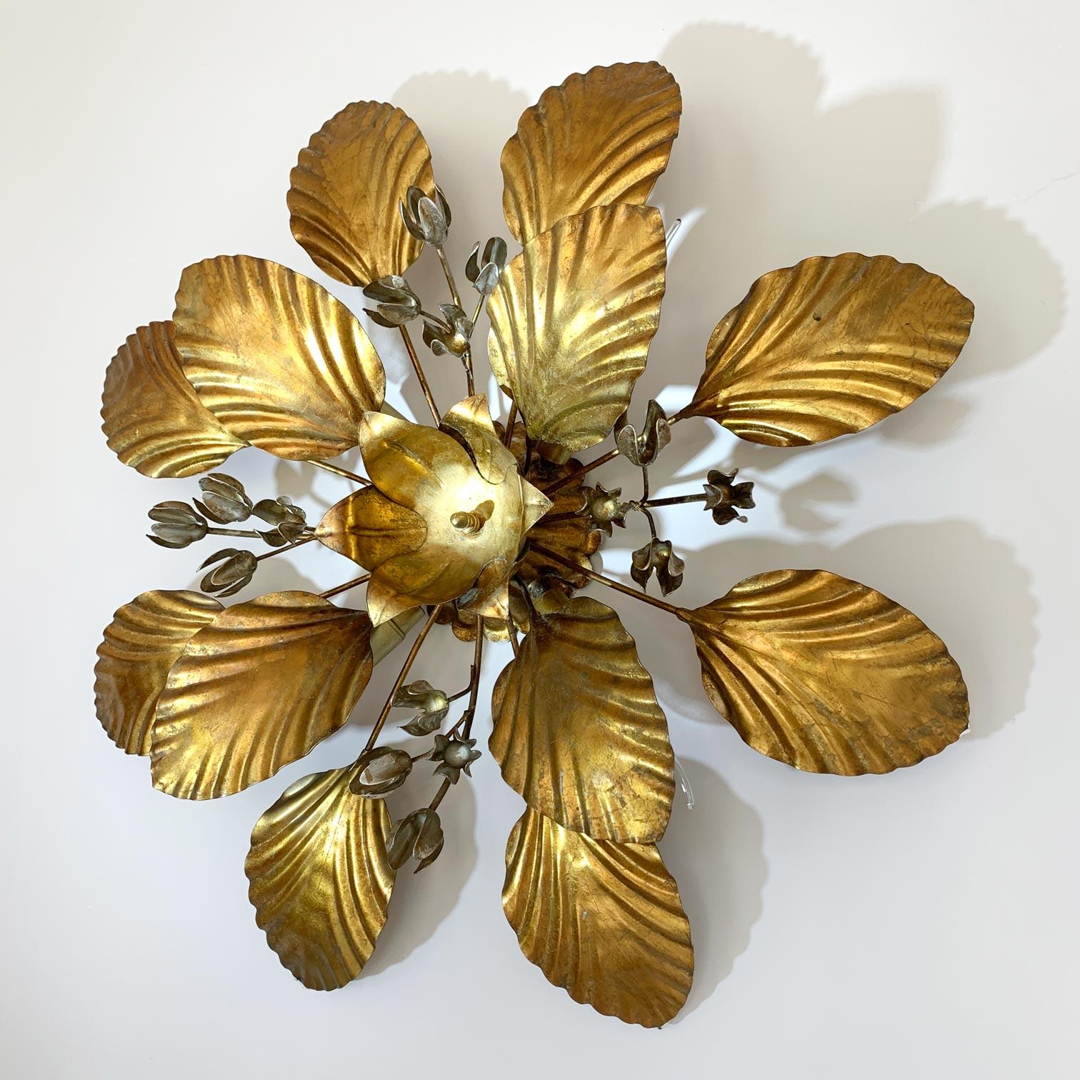  Hans Kogl Gold Leaf and Silver Flowers Flush Light 1970's In Good Condition For Sale In Hastings, GB