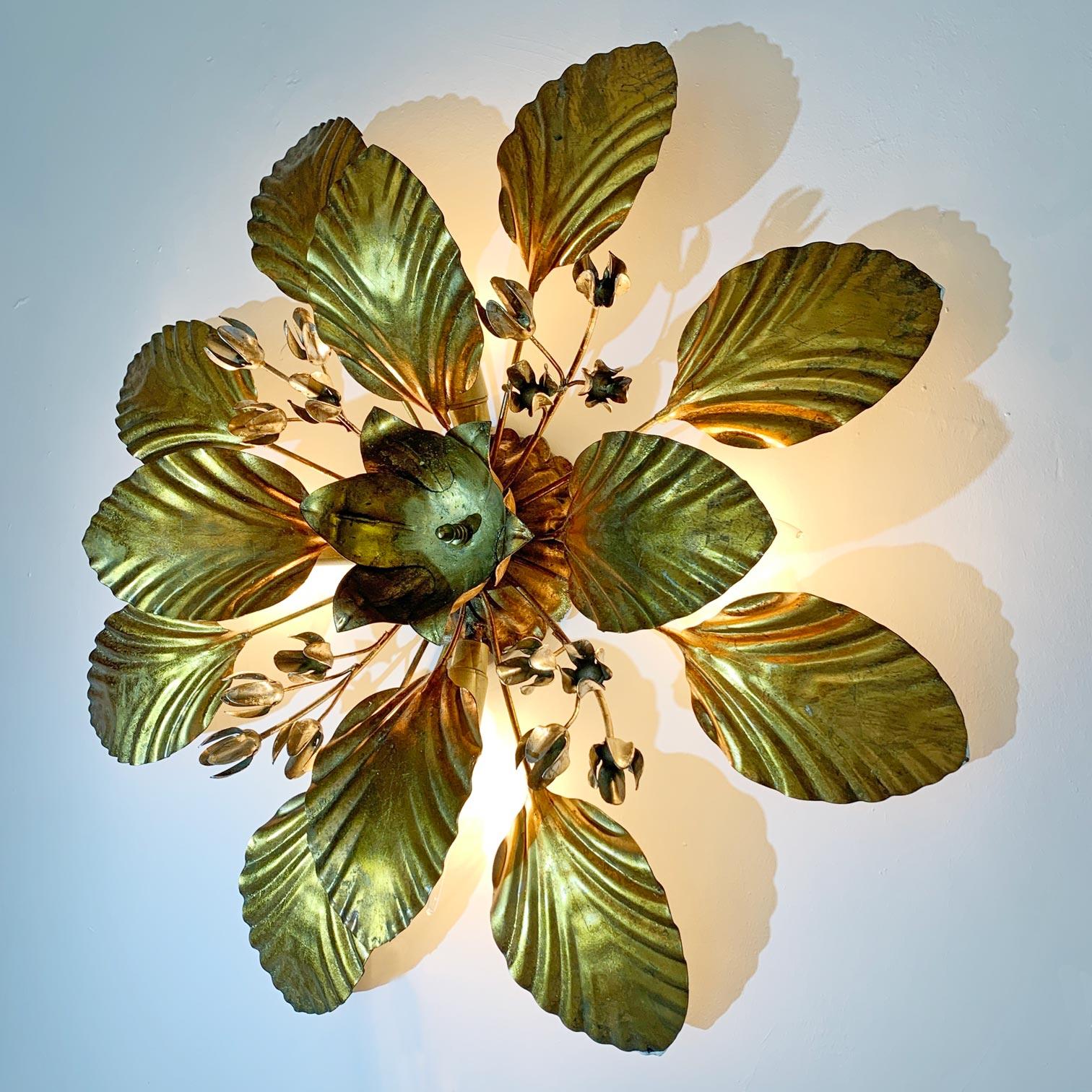 Metal  Hans Kogl Gold Leaf and Silver Flowers Flush Light 1970's For Sale
