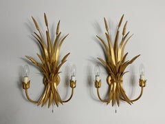 HANS KÖGL Pair Gilded Wheat Hollywood Regency Sconce Wall Lights, 1970s, Germany