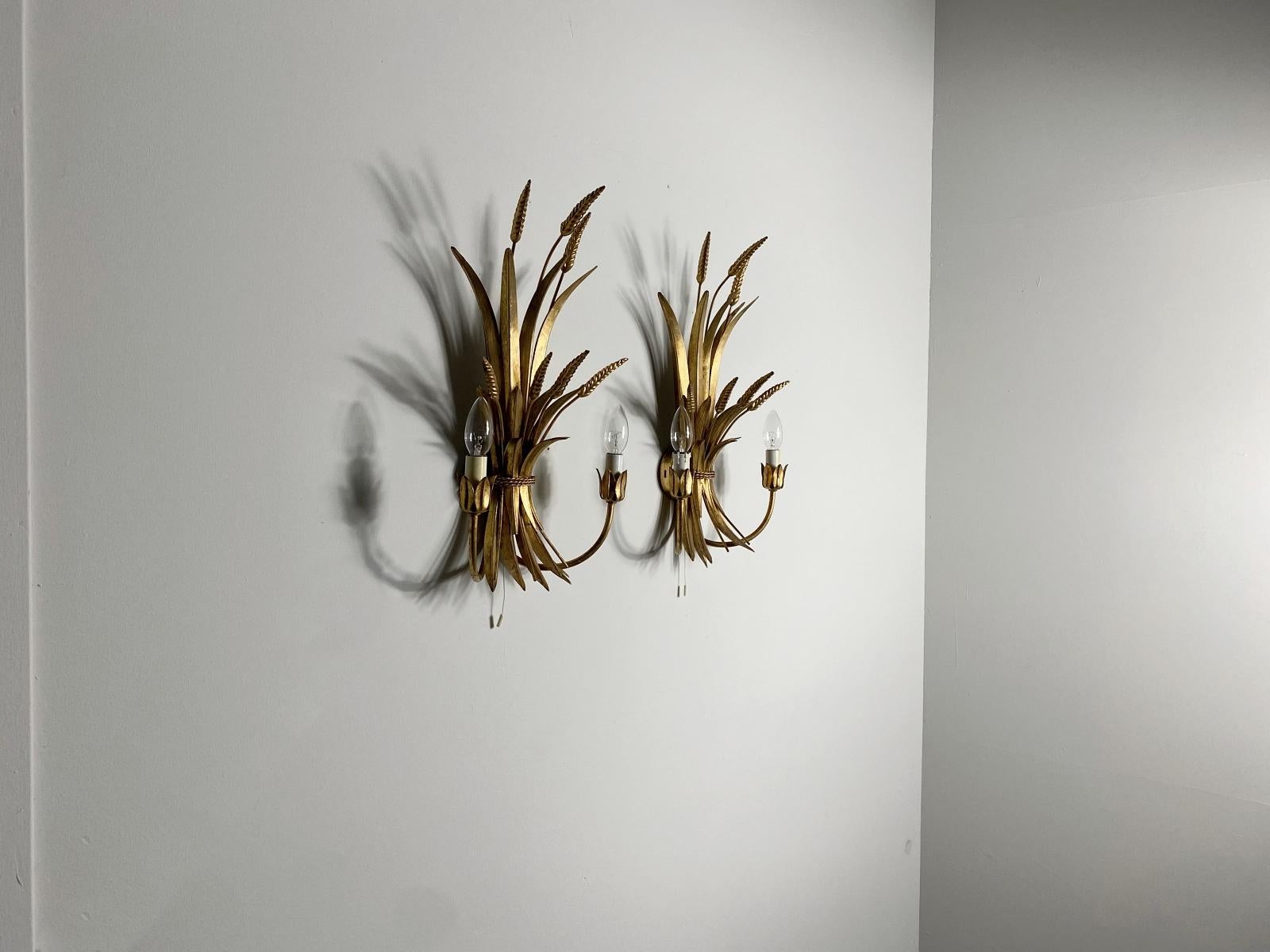 Hand-Crafted HANS KÖGL Pair Gilded Wheat Hollywood Regency Sconce Wall Lights, 1970s, Germany For Sale