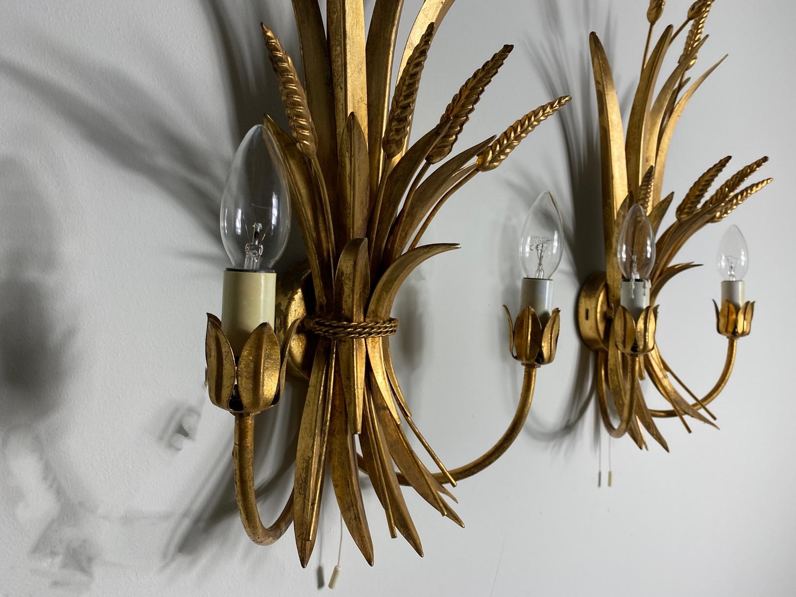 20th Century HANS KÖGL Pair Gilded Wheat Hollywood Regency Sconce Wall Lights, 1970s, Germany For Sale