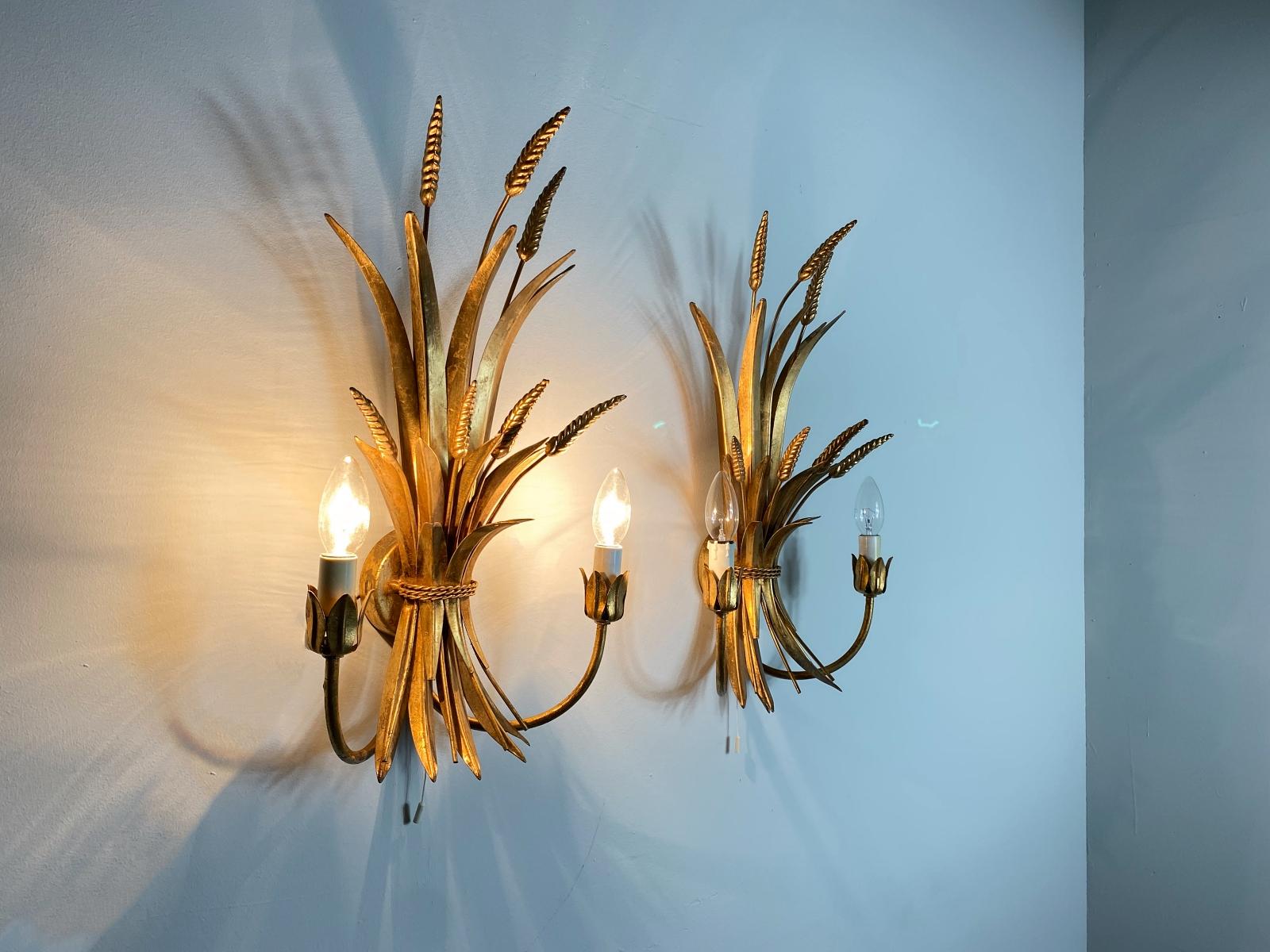 HANS KÖGL Pair Gilded Wheat Hollywood Regency Sconce Wall Lights, 1970s, Germany For Sale 1