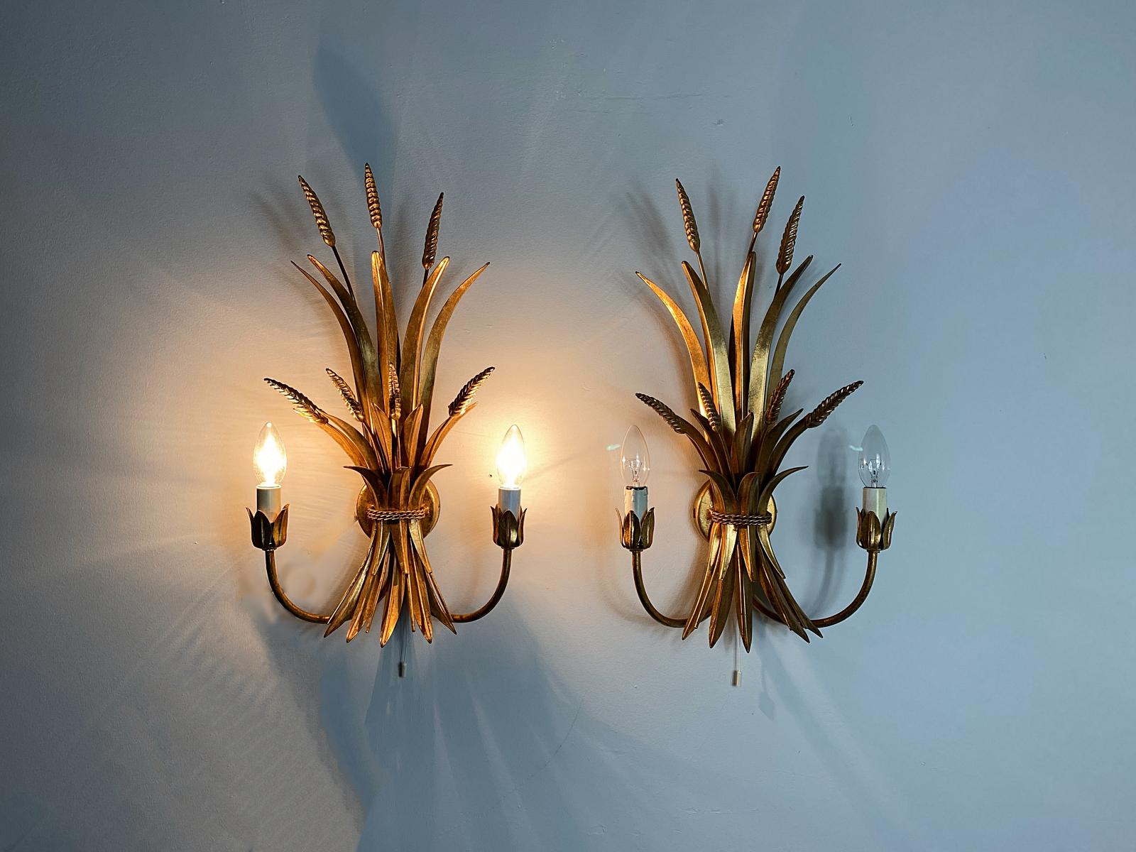 HANS KÖGL Pair Gilded Wheat Hollywood Regency Sconce Wall Lights, 1970s, Germany For Sale 2