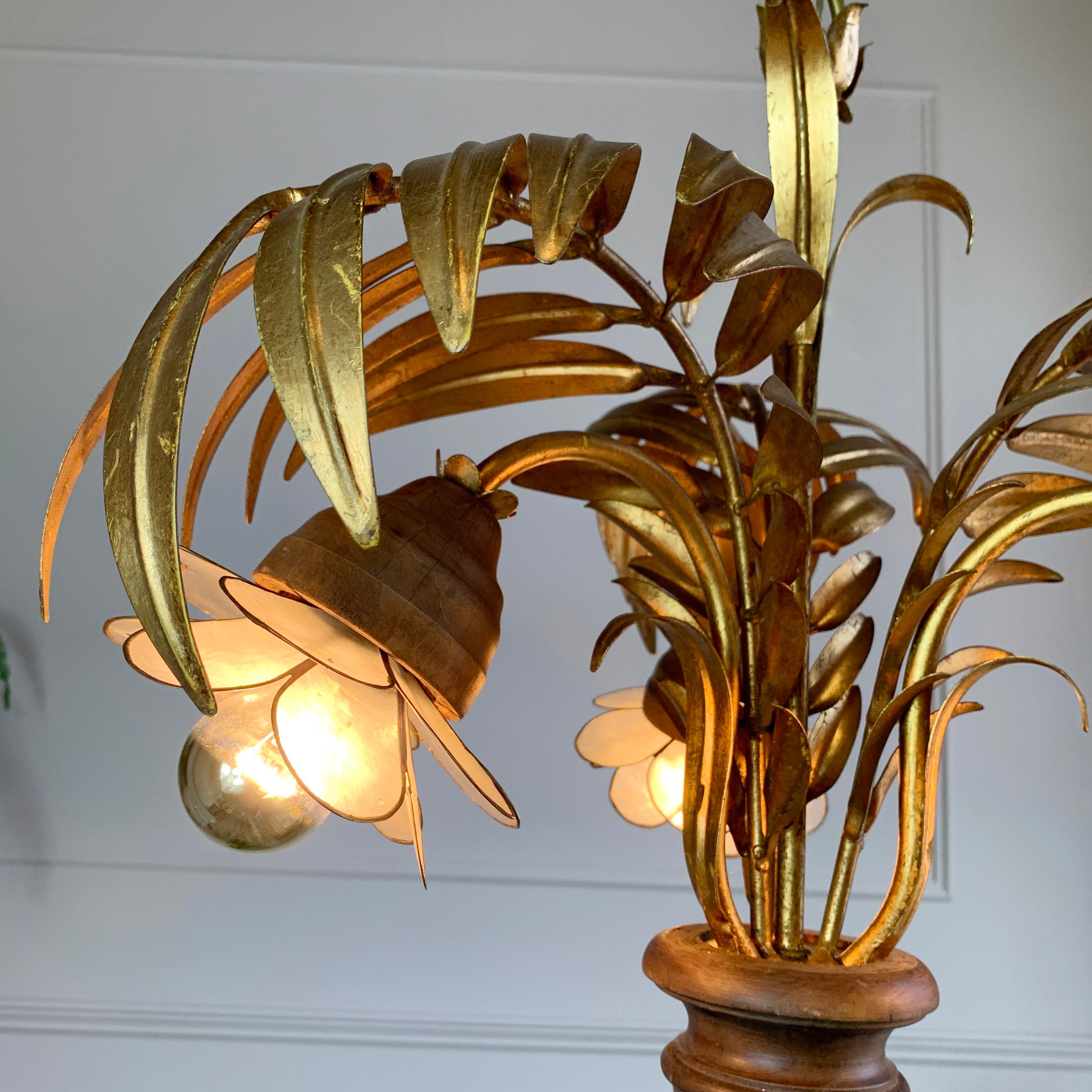 Hans Kogl Gold Palm Leaf and Capiz Shell Chandelier For Sale 1