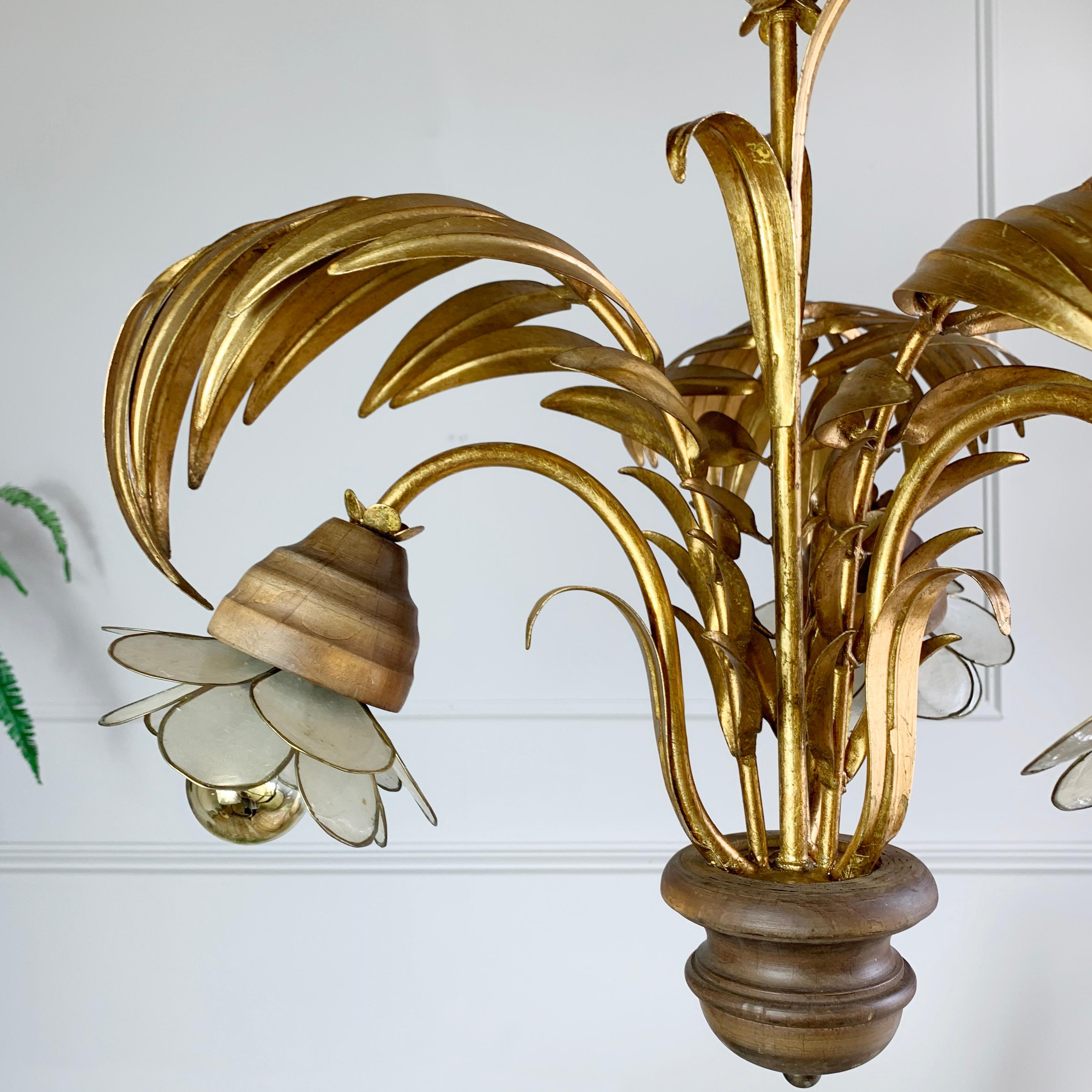 Hans Kogl Gold Palm Leaf and Capiz Shell Chandelier For Sale 2