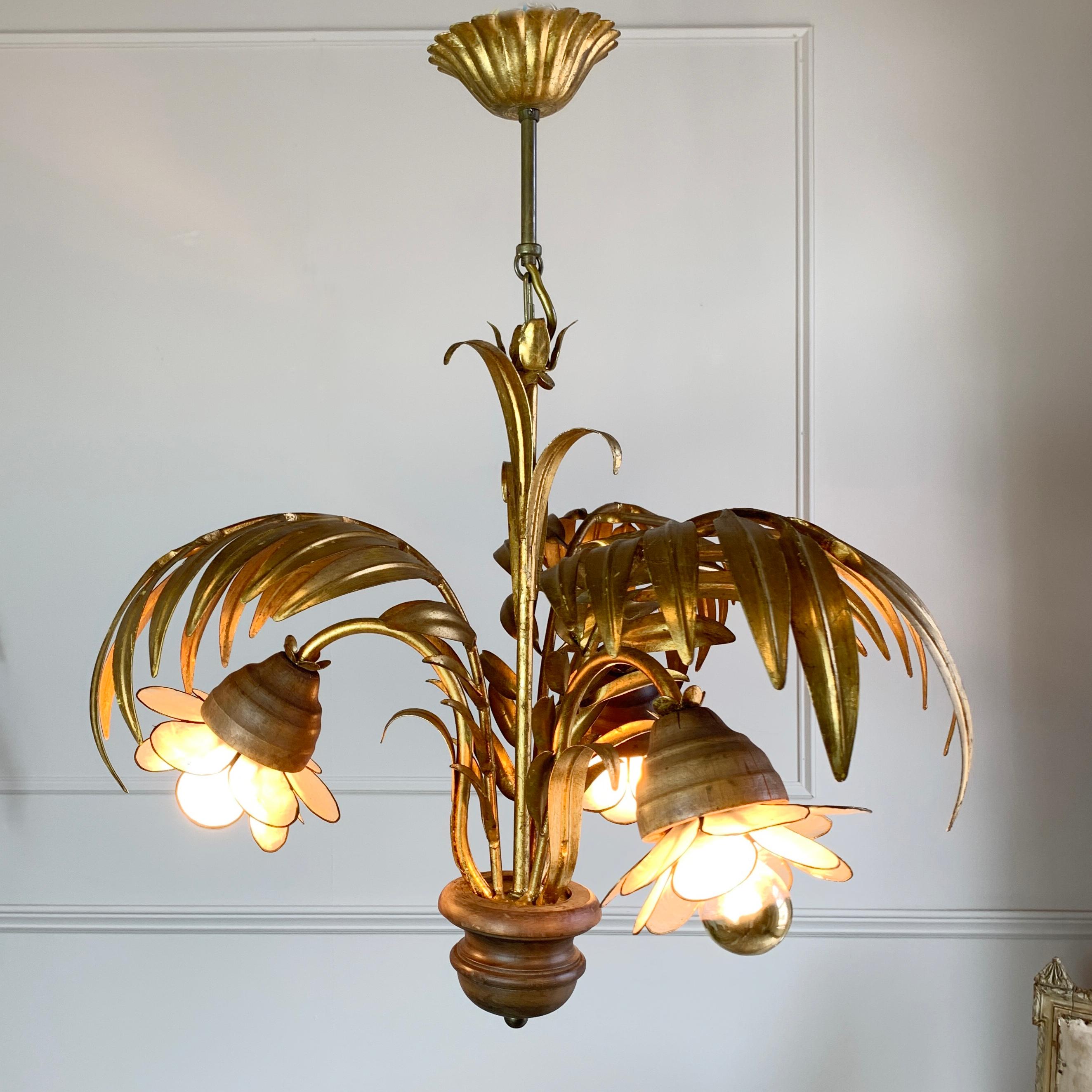 Spectacular Hans Kogl chandelier, gilt palm leaves form the canopy of the light, with turned wooden lamp holder cups and base, the Capiz shell shades contrast brilliantly against the wood and golden gilt metal body of the chandelier. Minor cracks to