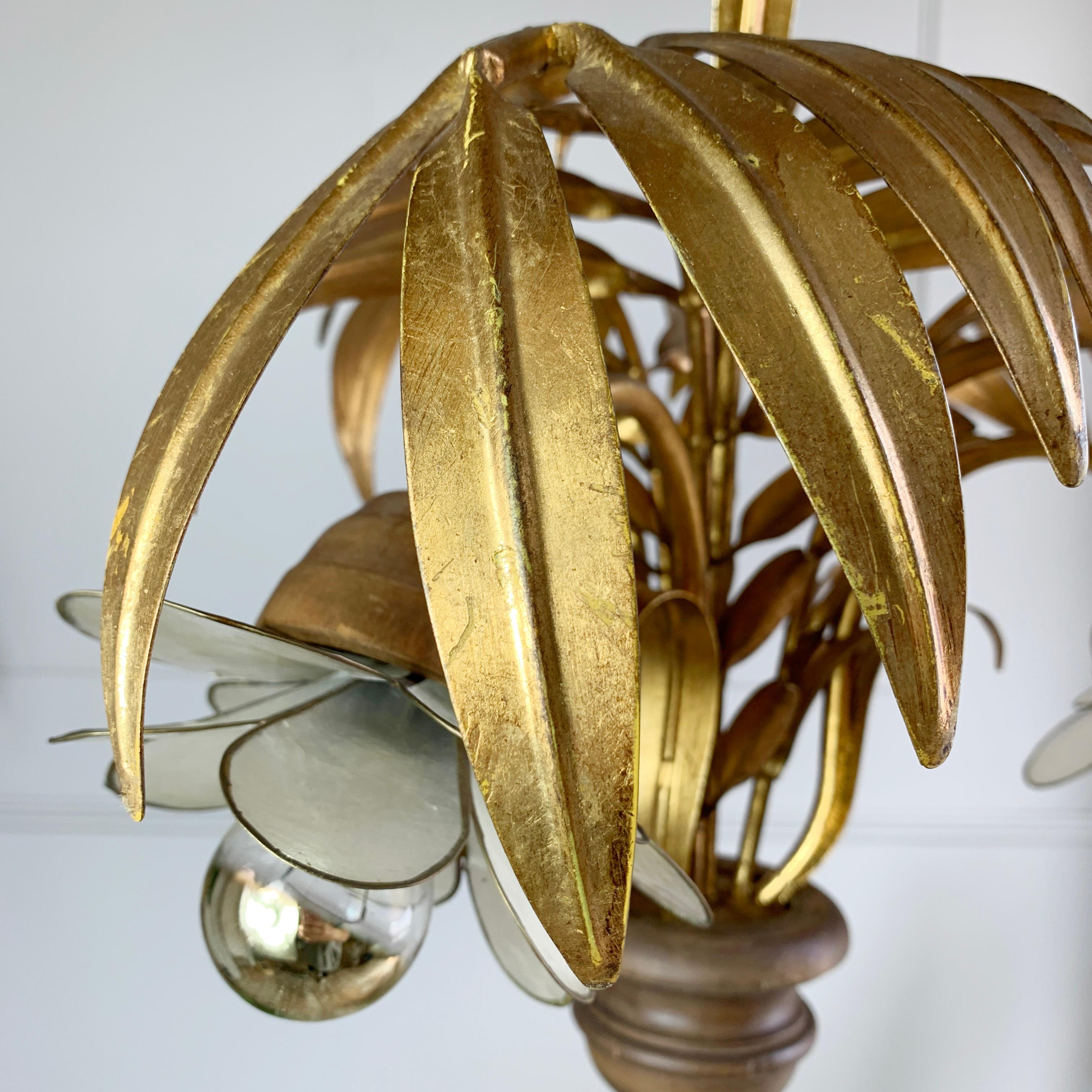 Mid-Century Modern Hans Kogl Gold Palm Leaf and Capiz Shell Chandelier For Sale