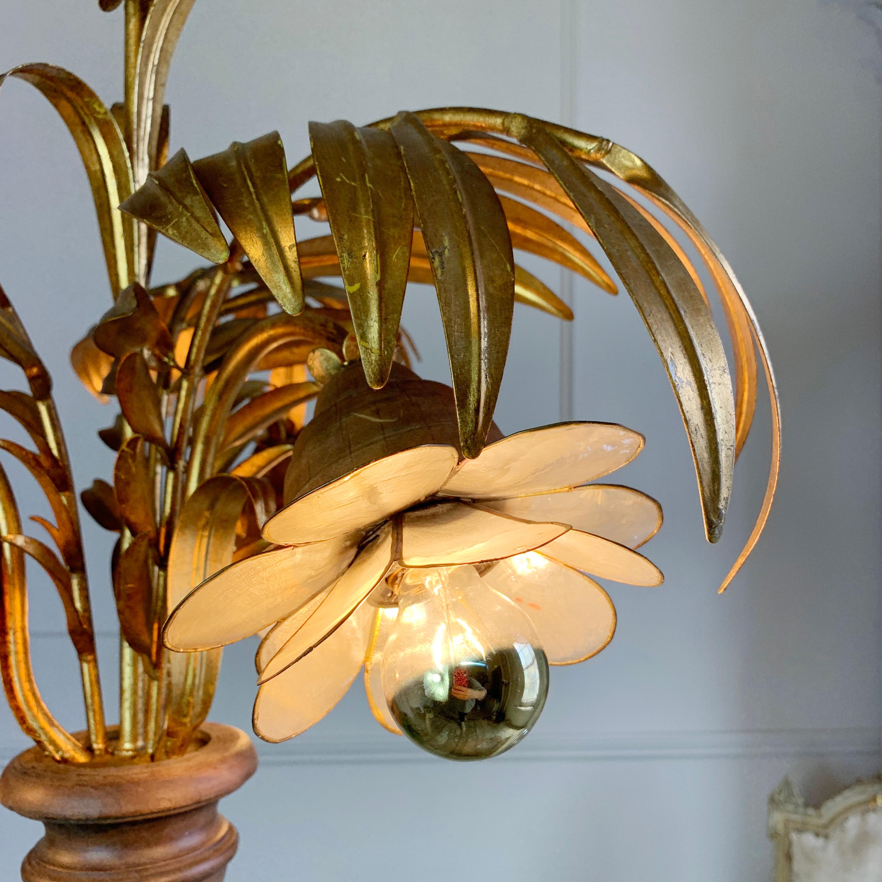 German Hans Kogl Gold Palm Leaf and Capiz Shell Chandelier For Sale