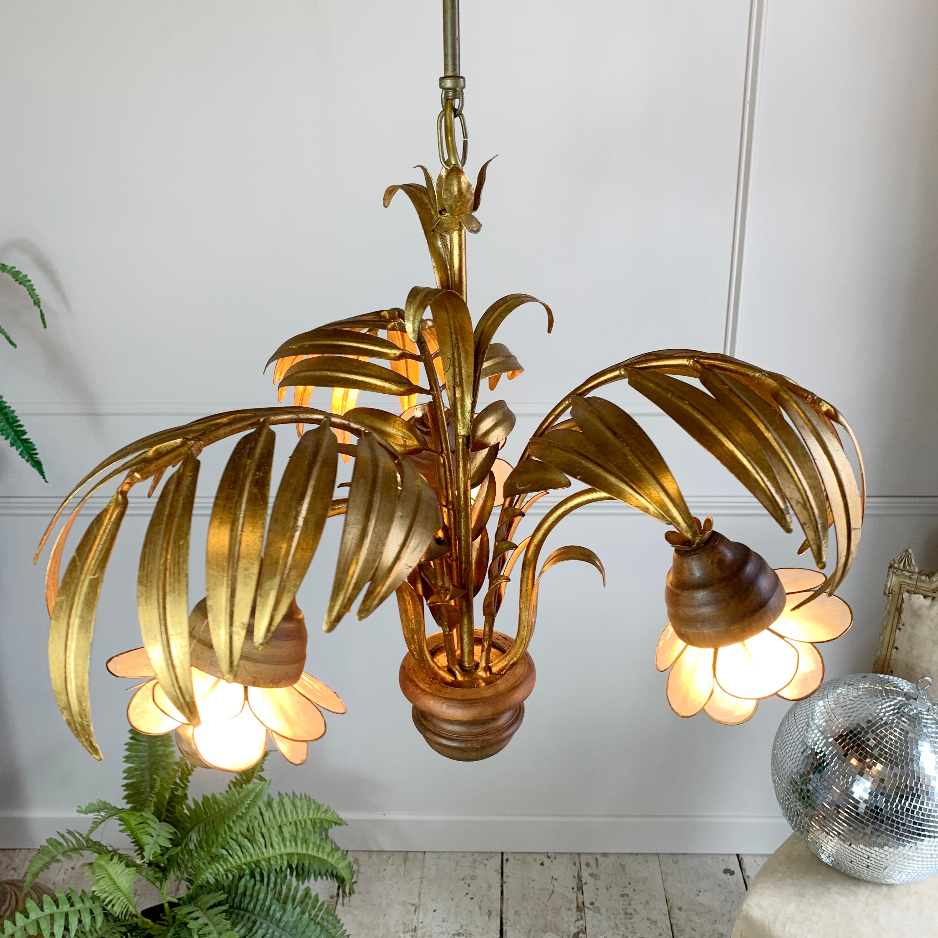 Hans Kogl Gold Palm Leaf and Capiz Shell Chandelier In Good Condition For Sale In Hastings, GB