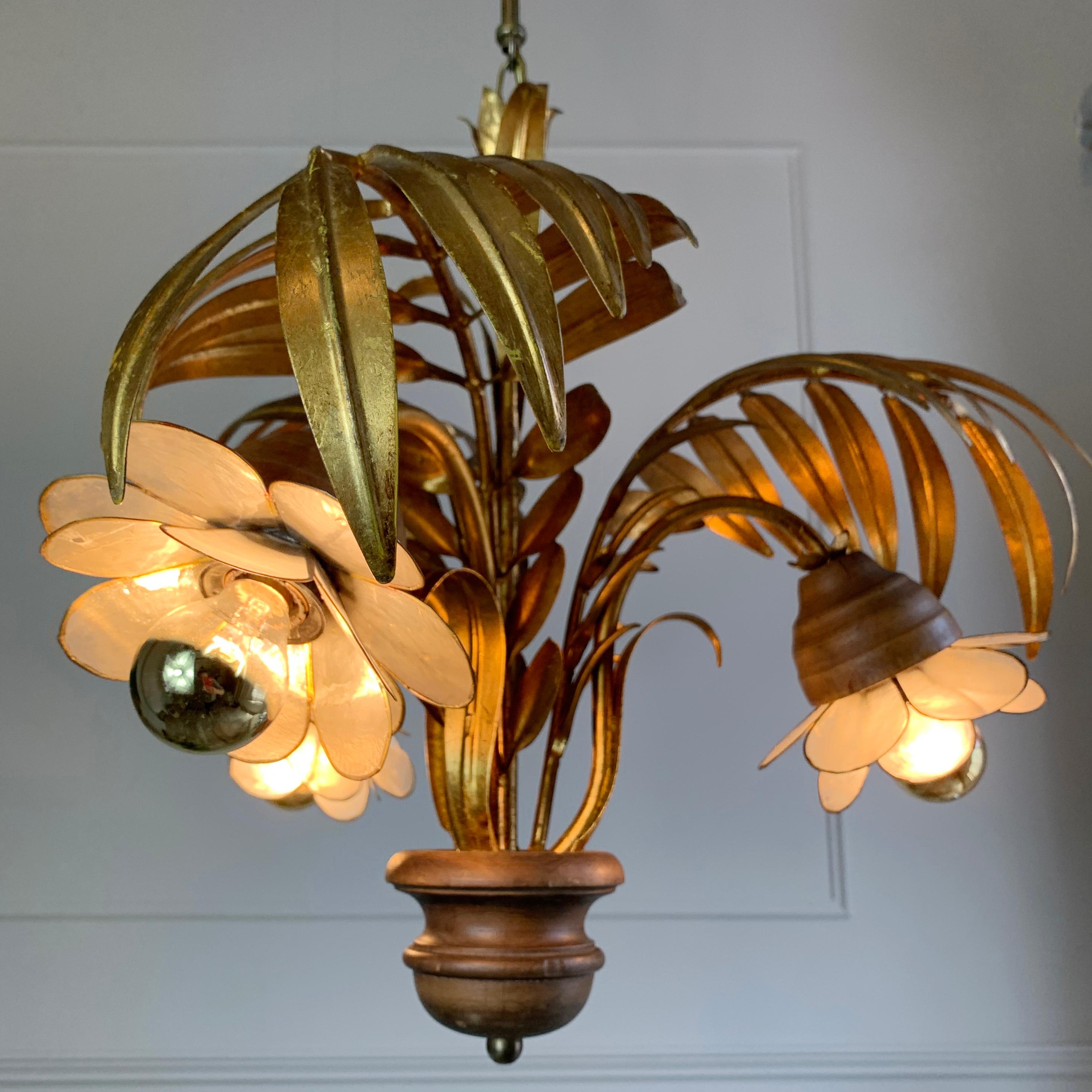 20th Century Hans Kogl Gold Palm Leaf and Capiz Shell Chandelier For Sale