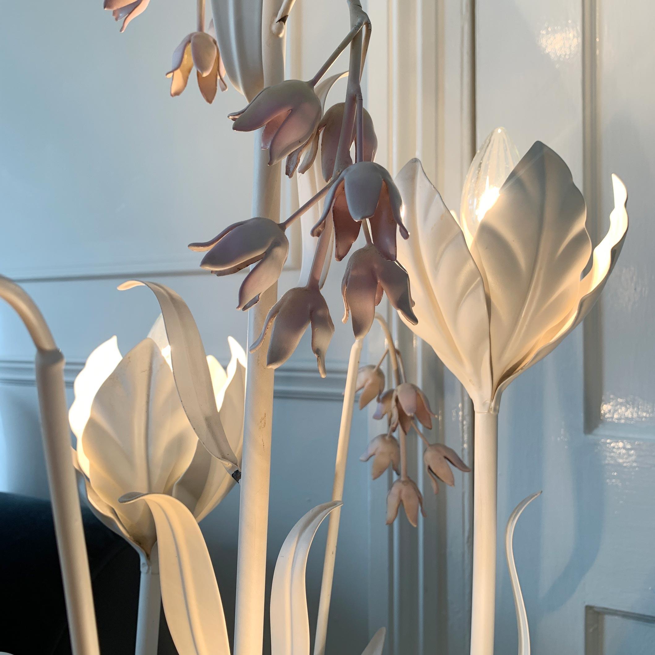 Hollywood Regency Hans Kogl White & Pink Flower Toleware Floor Lamp For Sale
