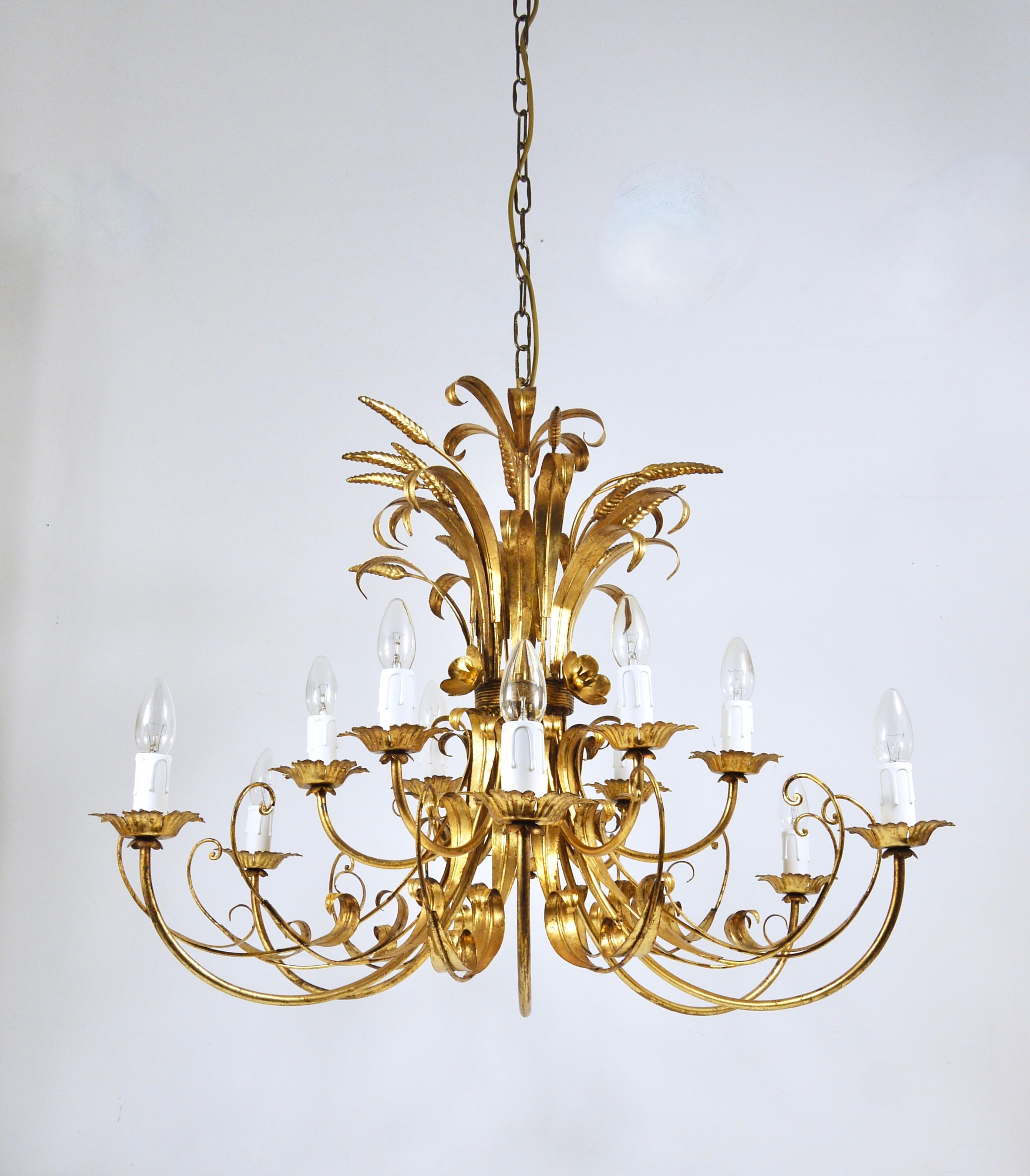 Hans Kögl XL Lámpara de Hierro Dorado con Ramo Floral de Trigo Hollywood Regency, Años 70 en venta 9