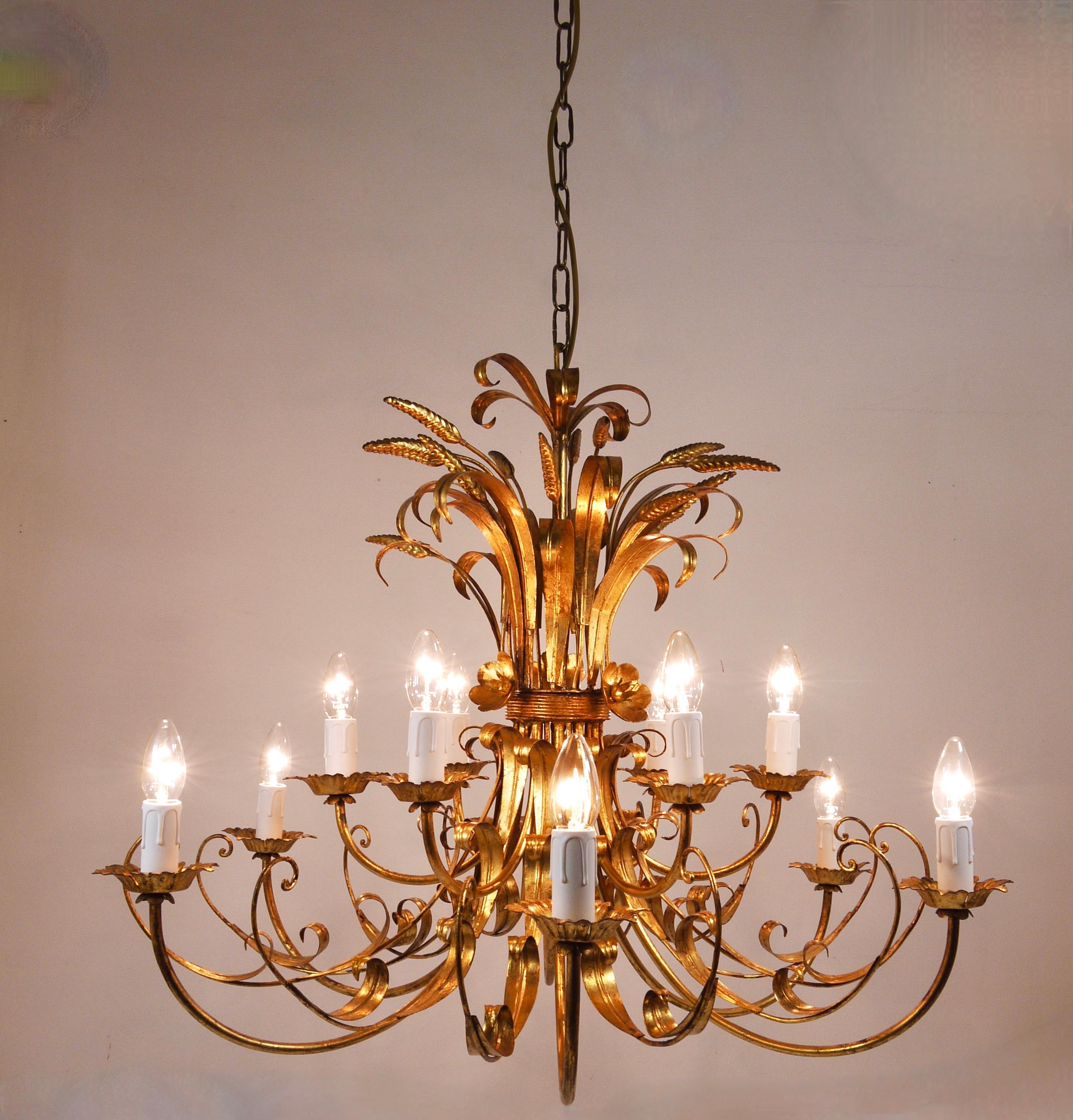 Hans Kögl XL Lámpara de Hierro Dorado con Ramo Floral de Trigo Hollywood Regency, Años 70 en venta 10