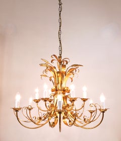 Hans Kögl XL Hollywood Regency Wheat Floral Bouquet Gilt Iron Chandelier, 1970s