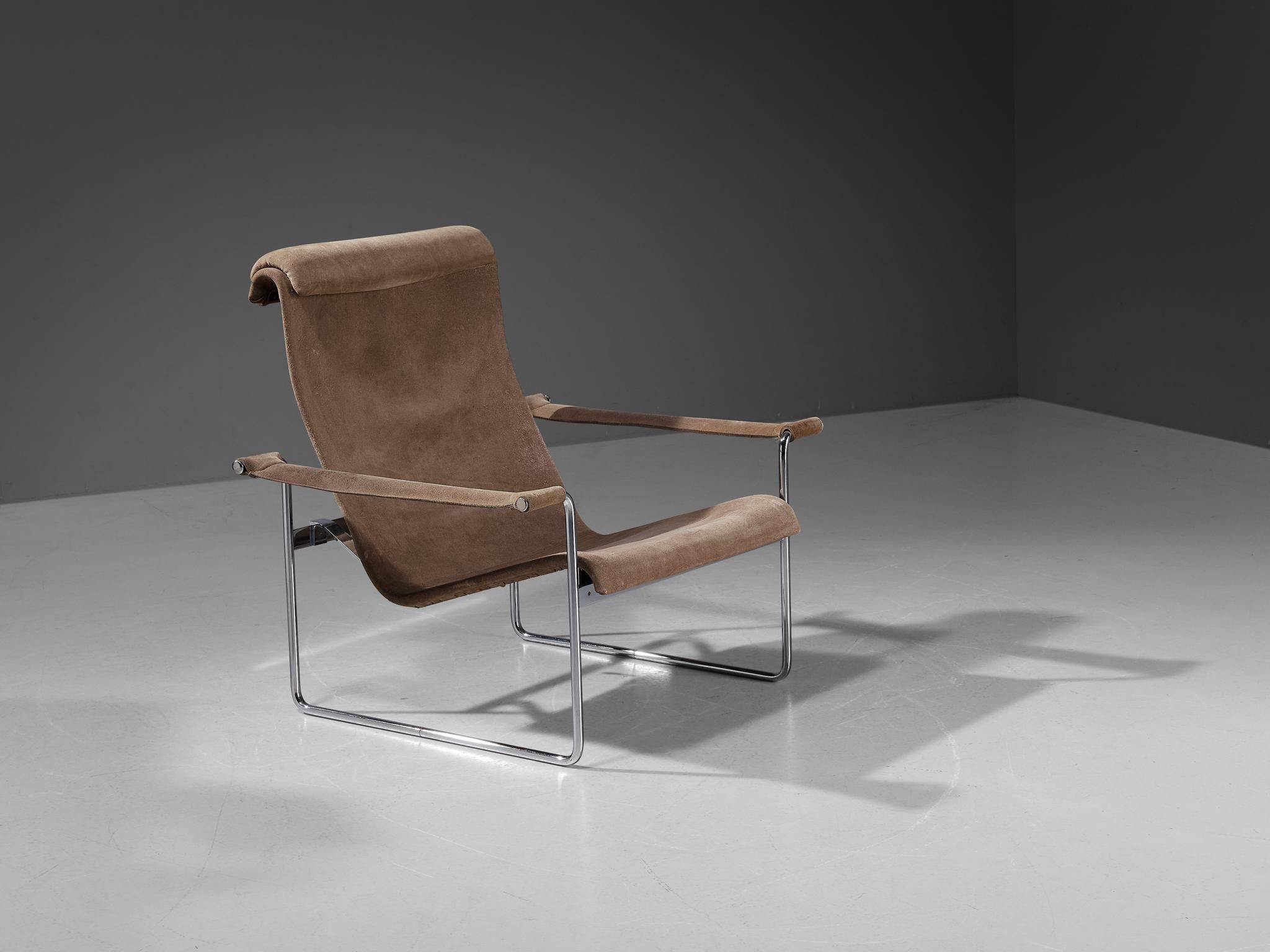 Hans Könecke für Tecta, Sessel, Wildleder und Metall, Deutschland, 1960er Jahre

Dieser Loungesessel ist ein weiteres großartiges Beispiel für ein Möbel der deutschen Moderne, das der Architekt Hans Könecke in den 1960er Jahren entworfen hat. Dieses