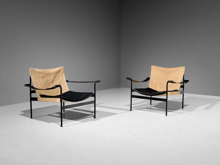 Hans Könecke for Tecta, pair of 'Sling' lounge chairs model 'D99', metal, canvas, leather, Germany, 1960s 

Wonderful example of German Modernism, the 