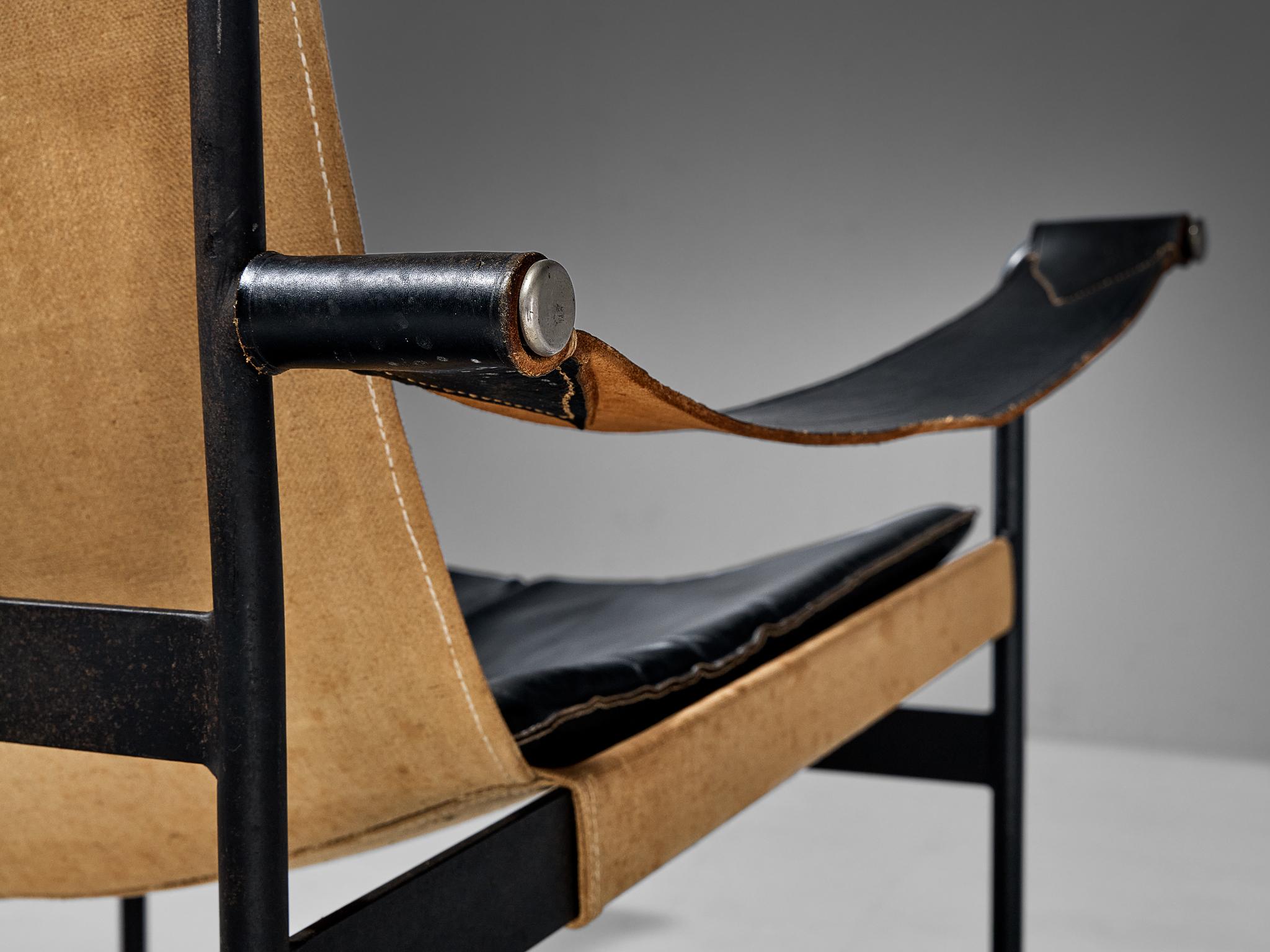 German Hans Könecke for Tecta Pair of 'Sling' Lounge Chairs in Canvas and Metal 