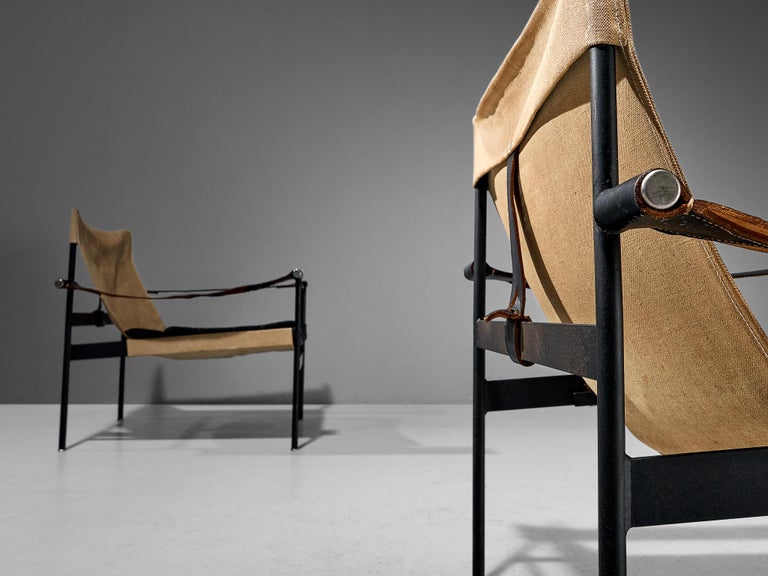 Hans Könecke for Tecta Pair of 'Sling' Lounge Chairs in Canvas and Metal  3