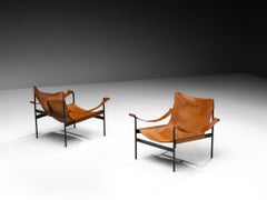 Hans Könecke per Tecta: coppia di poltrone "Sling" in pelle color cognac e acciaio