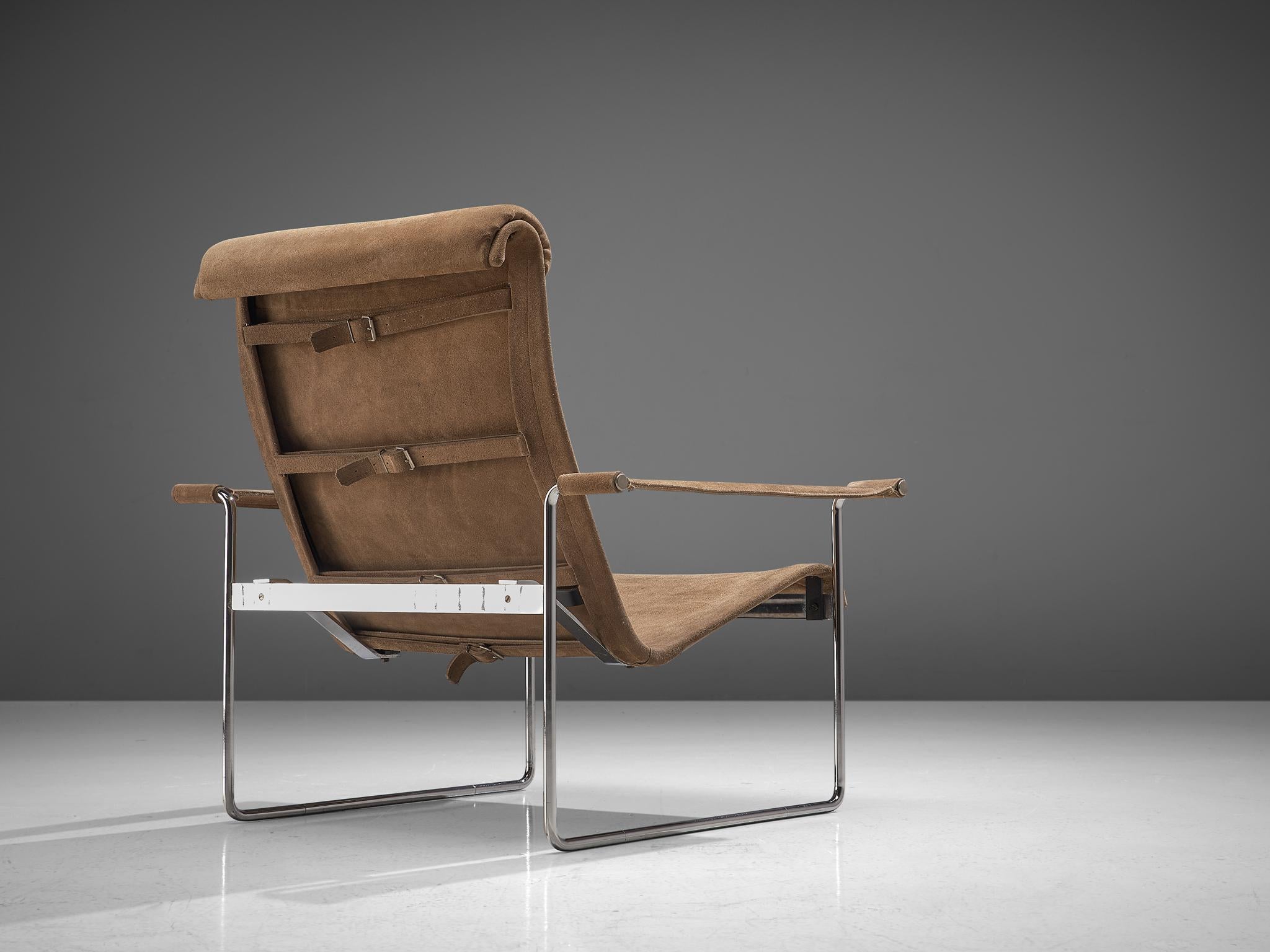 Hans Könecke for Tecta, armchair, suede and metal, Germany, 1960s

This lounge chair is another great example of German Modernist furniture, designed by architect Hans Könecke in the 1960s. This model features a high back, in comparison to Könecke's