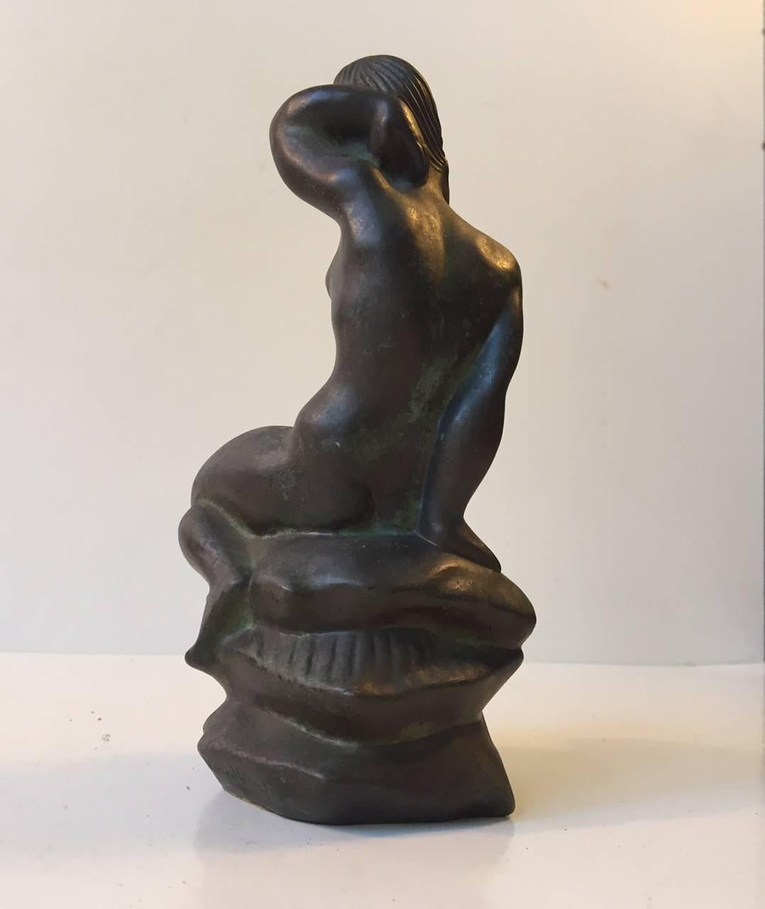 Art déco Le sculpteur en bronze de Hans Kongslev « La princesse et le paon » - H. Ch. Andersen, années 1940 en vente