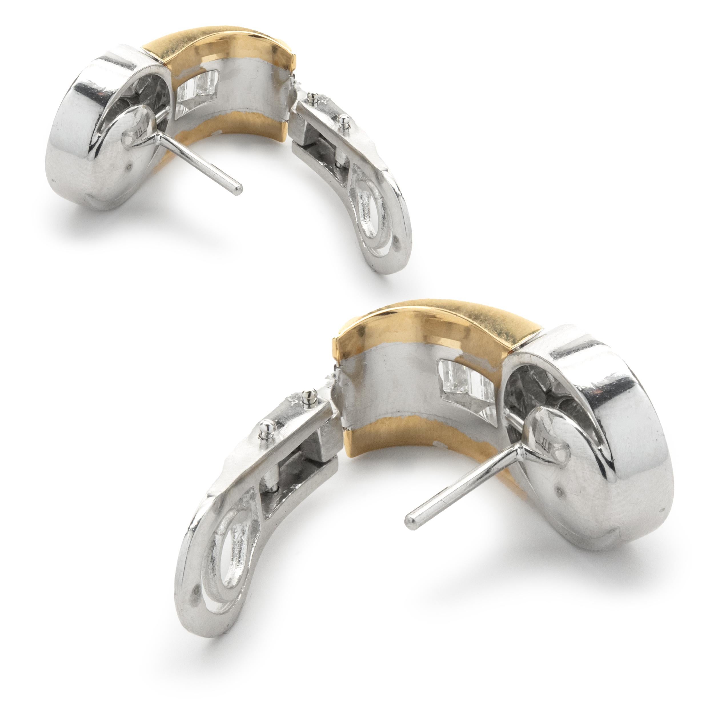 Hans Krieger 18 Karat White and Yellow Gold Diamond J Style Hoop Earrings In Excellent Condition In Scottsdale, AZ