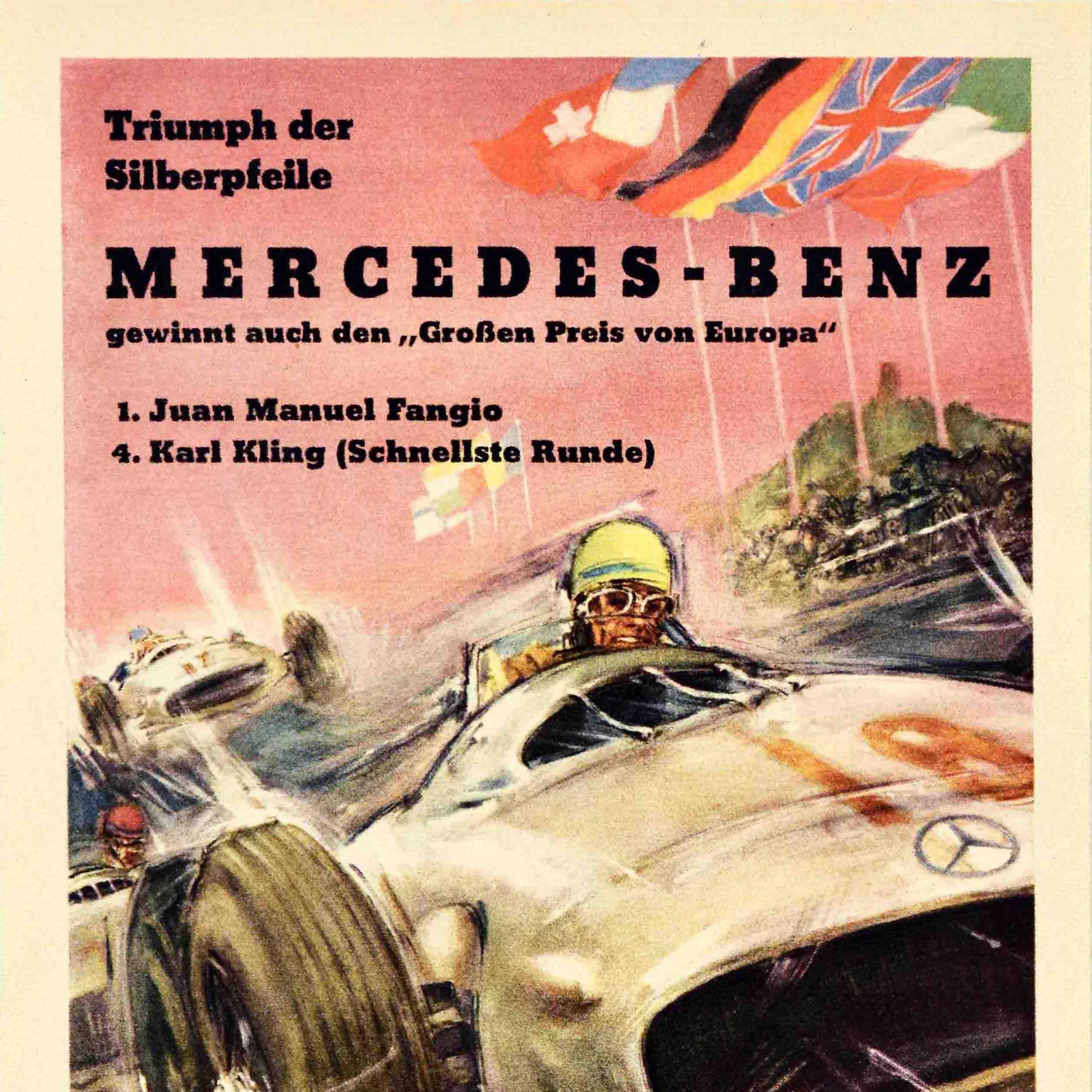 Affiche originale vintage de sport automobile Mercedes Benz Silberpfeile - Flèche en argent - Beige Print par Hans Liska