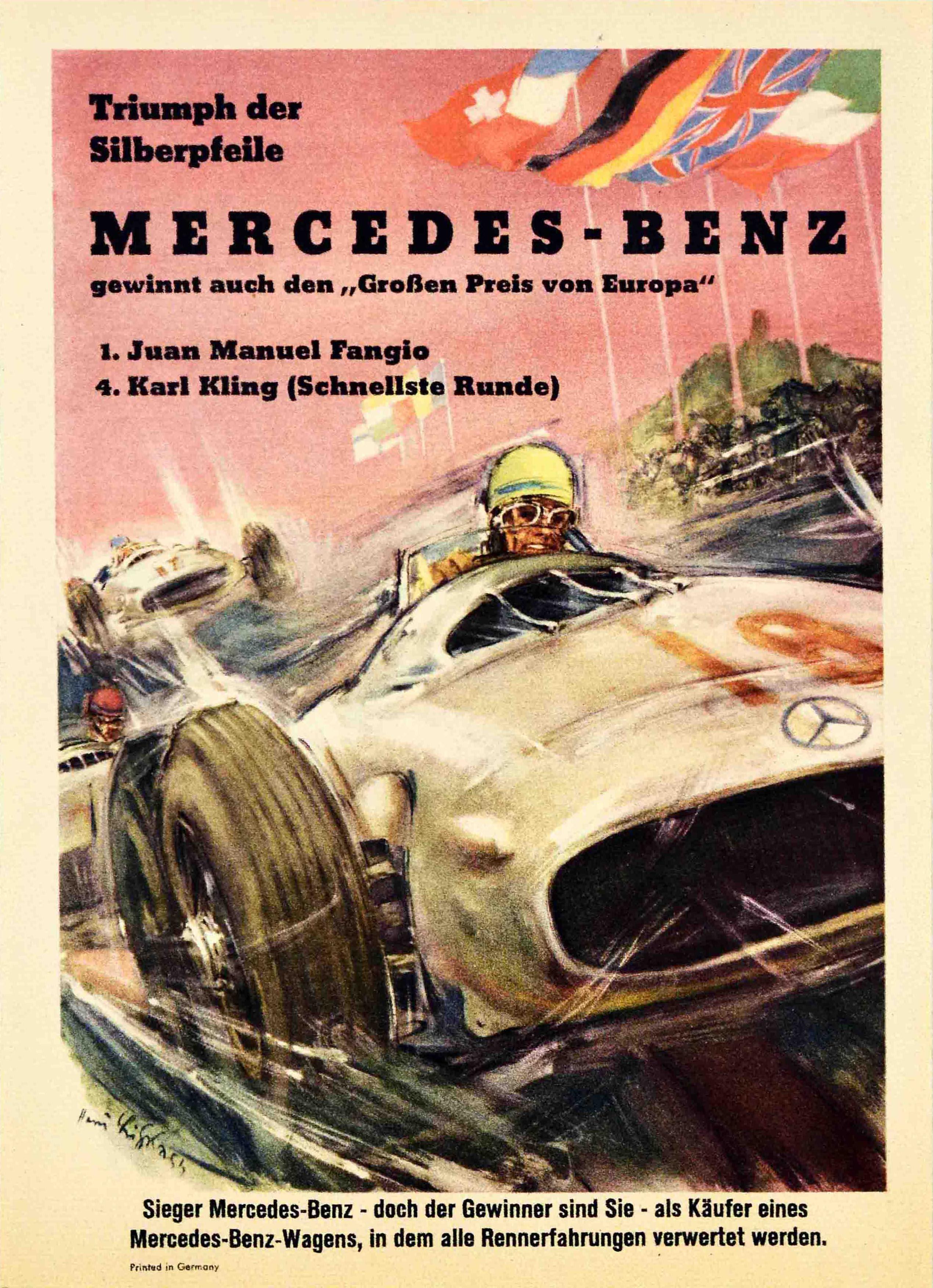 Print Hans Liska - Affiche originale vintage de sport automobile Mercedes Benz Silberpfeile - Flèche en argent