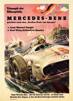 Affiche originale vintage de sport automobile Mercedes Benz Silberpfeile - Flèche en argent