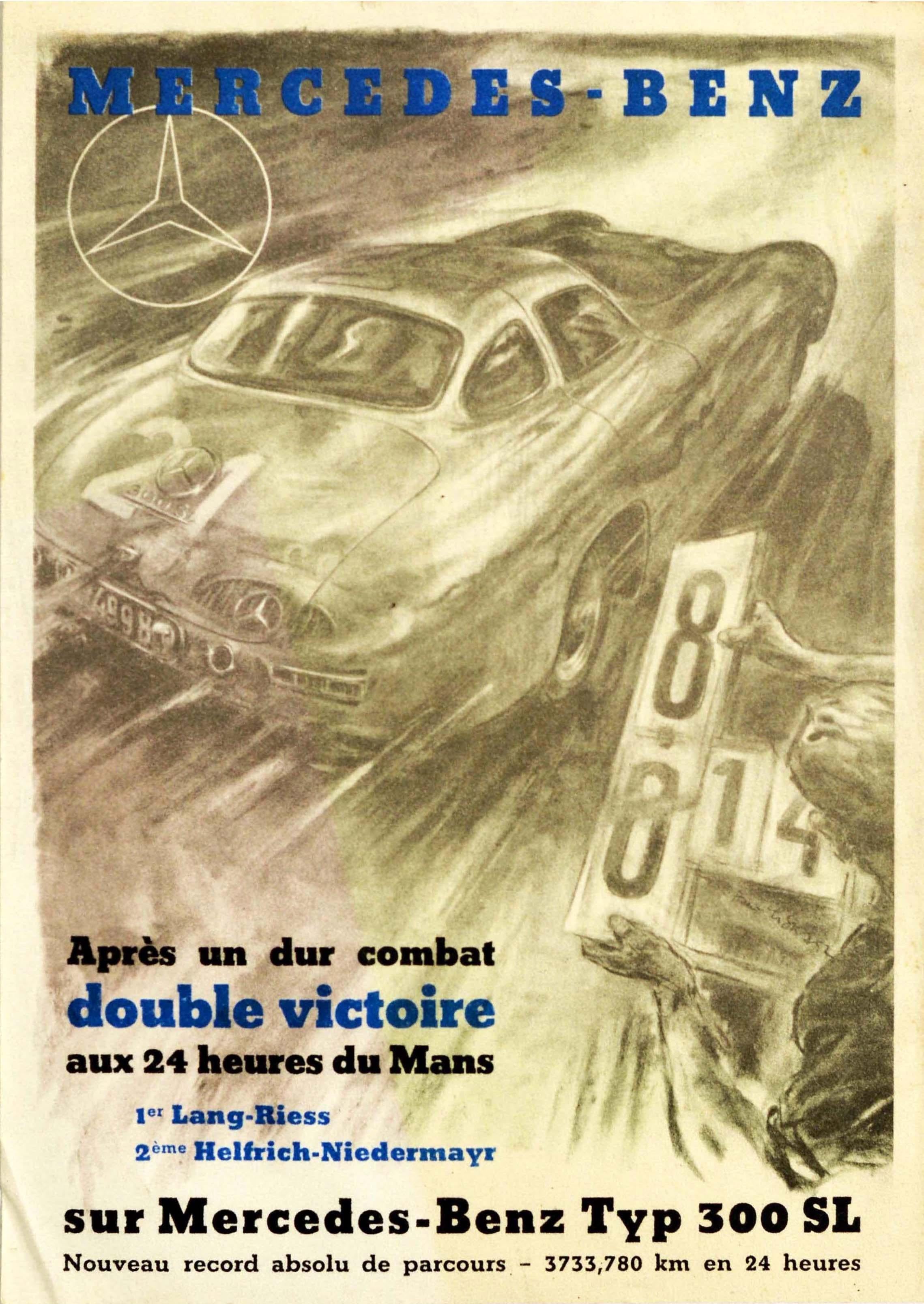 Print Hans Liska - Affiche vintage d'origine Mercedes Benz 300SL victoire 24h Le Mans, record de course de voiture