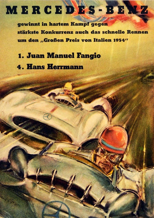 Hans Liska - Original Vintage Poster Mercedes Benz Italian Grand Prix 1954  Juan Manuel Fangio at 1stDibs