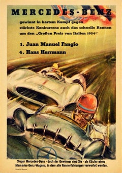 Affiche rétro originale Mercedes Benz, Grand Prix italien de 1954, Juan Manuel Fangio