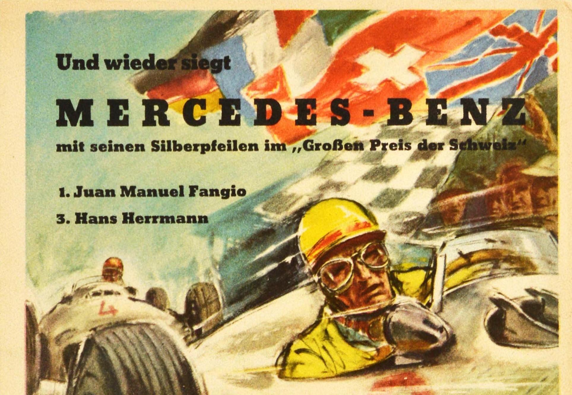 Original Vintage Poster Mercedes Benz Silver Arrows 1954 Swiss Grand Prix Fangio - Print by Hans Liska