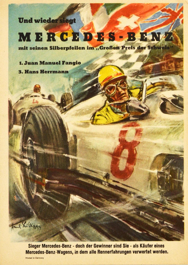 Hans Liska Print - Original Vintage Poster Mercedes Benz Silver Arrows 1954 Swiss Grand Prix Fangio