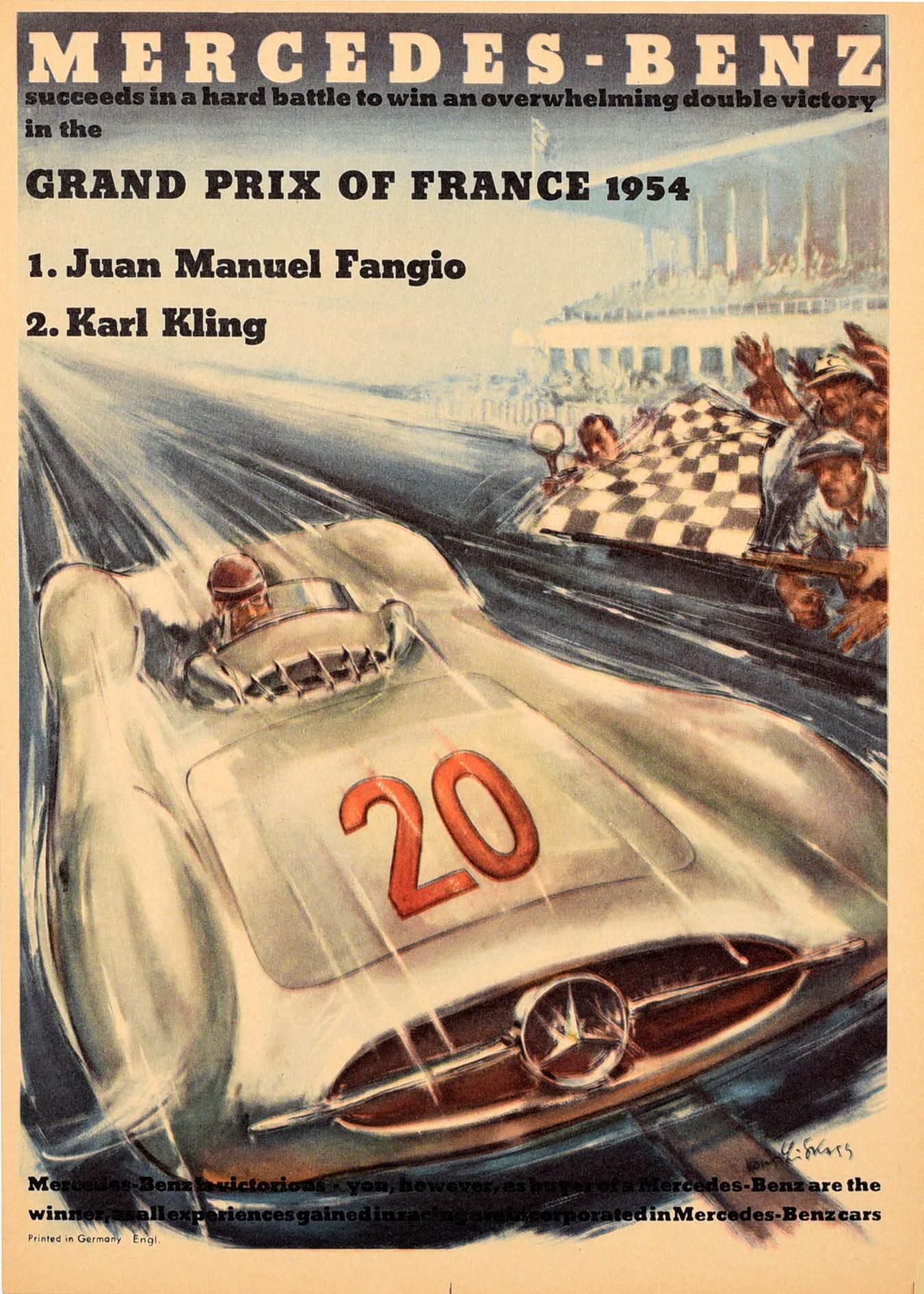 Original Vintage Poster Mercedes Benz Victory Grand Prix Fangio Kling Motorsport