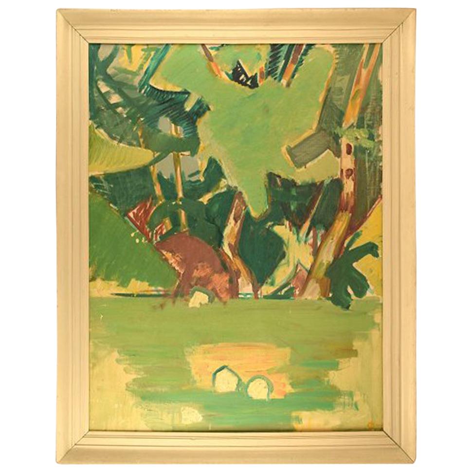 Paysage moderniste abstrait, huile sur toile, de Hans llgaard