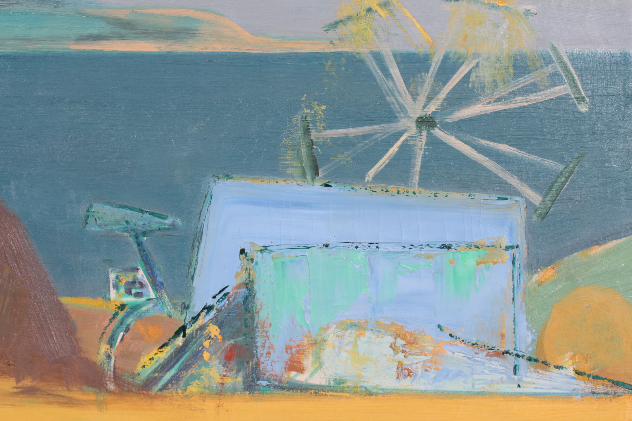 Großes Ölgemälde auf Leinwand des dänischen Künstlers Hans Øllgaard (geb. 1911, gest. 1969), das eine Sommerlandschaft ca. 1950er oder 60er Jahre zur Zeit der Heuernte. Die Küstenlinie im Hintergrund. Øllgaard verwendet auffällige Farben mit dem