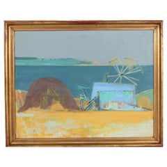 Hans Øllgaard Pittura a olio modernista di paesaggio estivo con costa, danese 1960