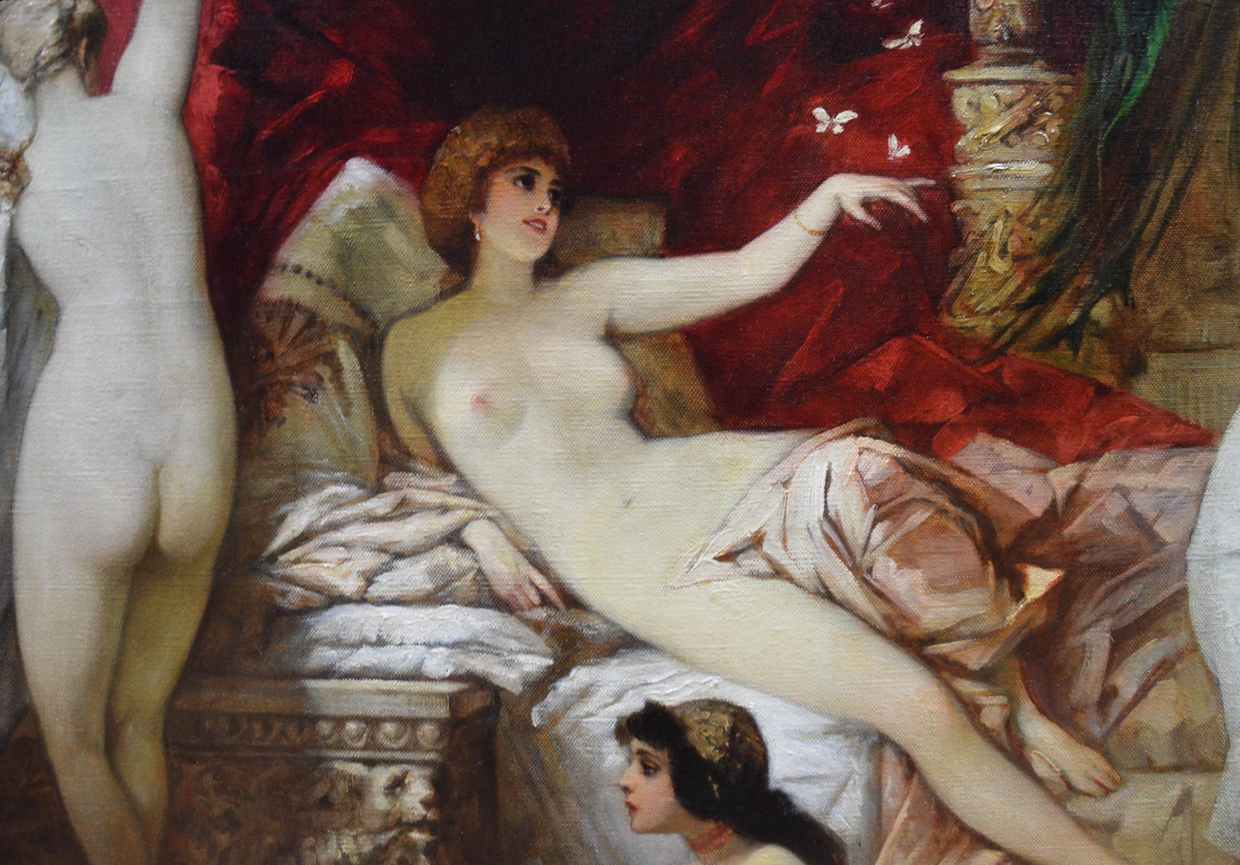 In the Harem - Huge 19th Century Orientalist Oil Painting - Black Nude Painting by Hans Makart