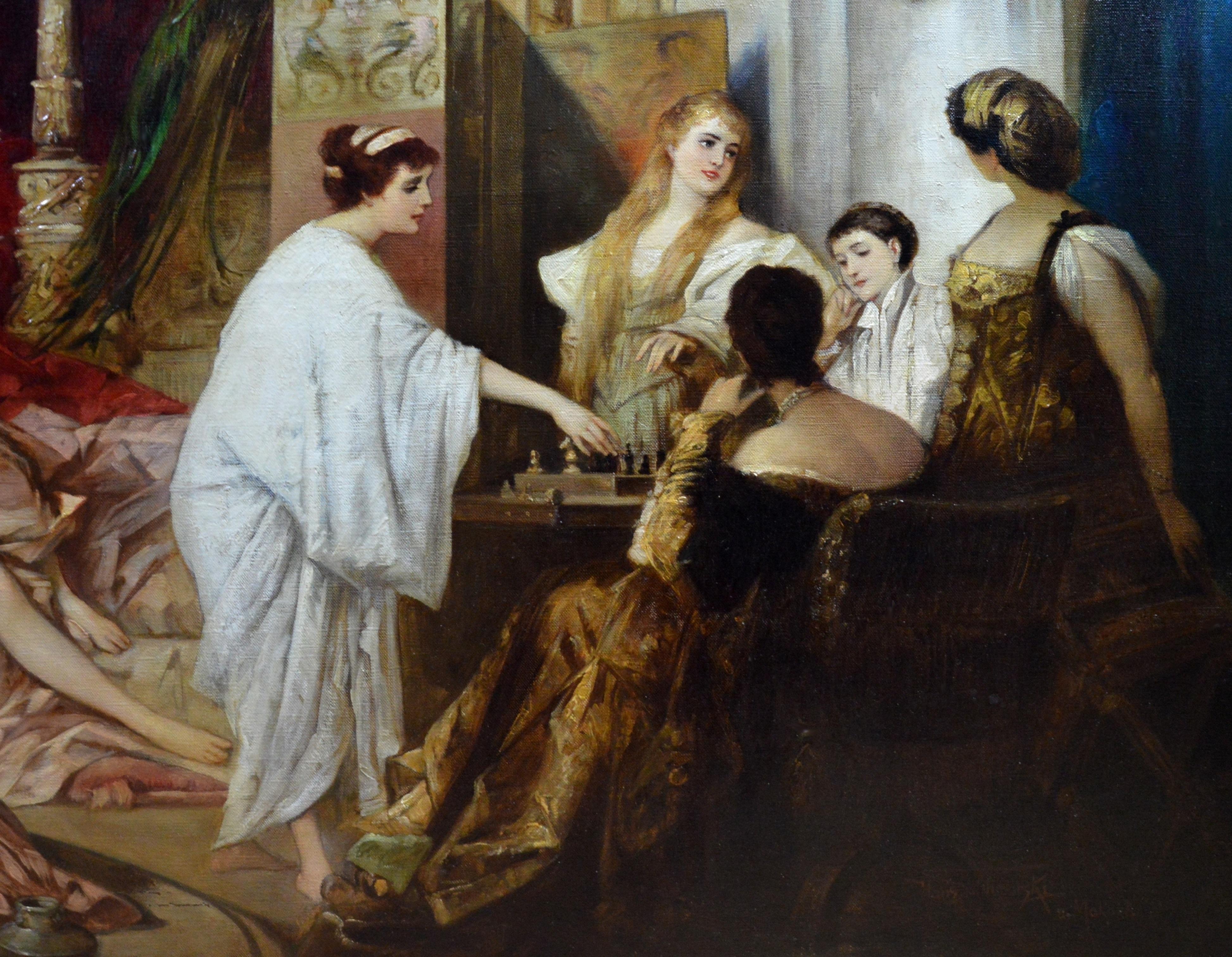 A huge fine 19th century oil on canvas depicting various young women ‘In the Harem’ of an Oriental palace by the eminent Austrian Orientalist painters Hans Makart (1840-1884) and Heinrich Schlimarski (1859-1913). The painting is signed by the