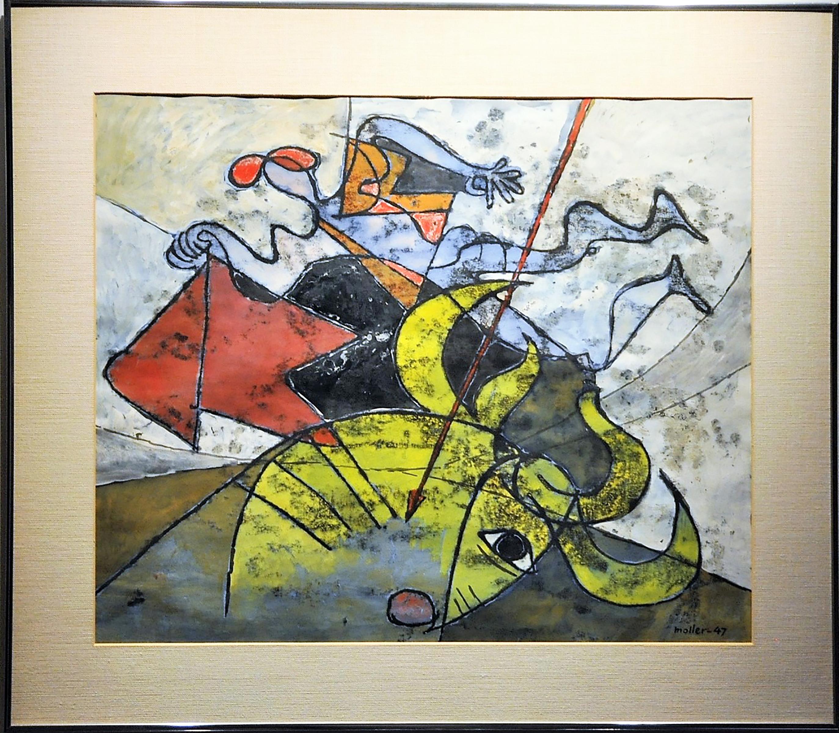 "Bull Fighter" by German American artist Hans Moller (1905 - 2000) is an abstract gouache on paper representing a bull fighter fighting a bull. The artwork is framed in a thin, extruded aluminum frame, matted, under glass.

Hans Moller was a German