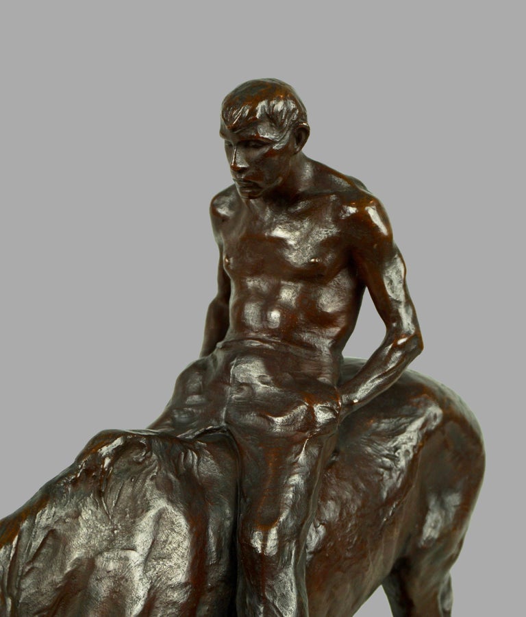 German Hans Muller Bronze of Horse Sipping Water with Shirtless Man Riding For Sale