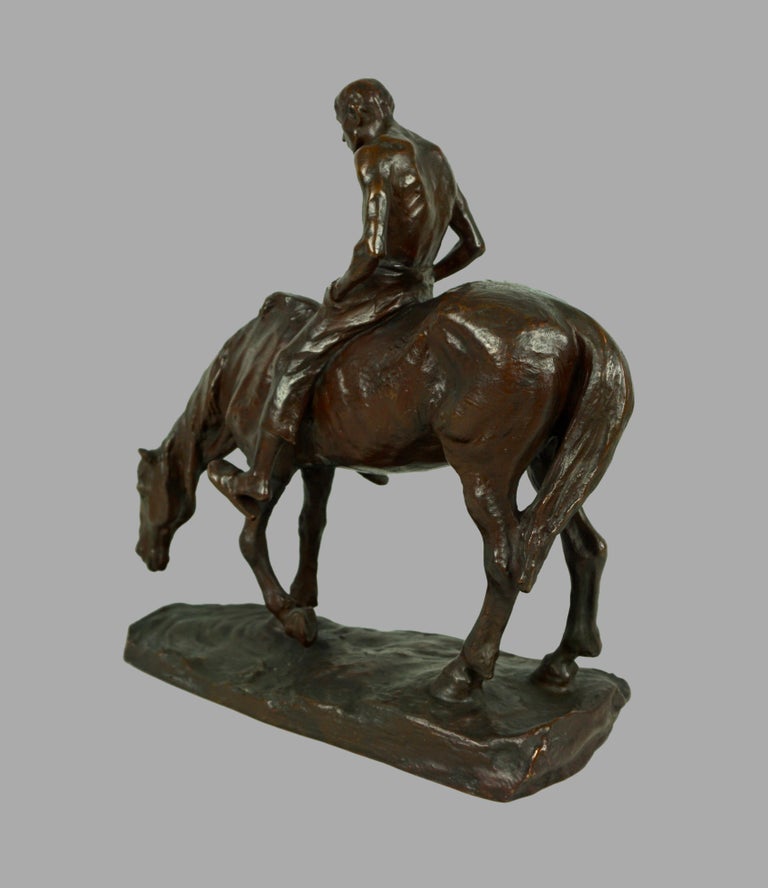 Hans Muller Bronze of Horse Sipping Water with Shirtless Man Riding In Good Condition For Sale In San Francisco, CA